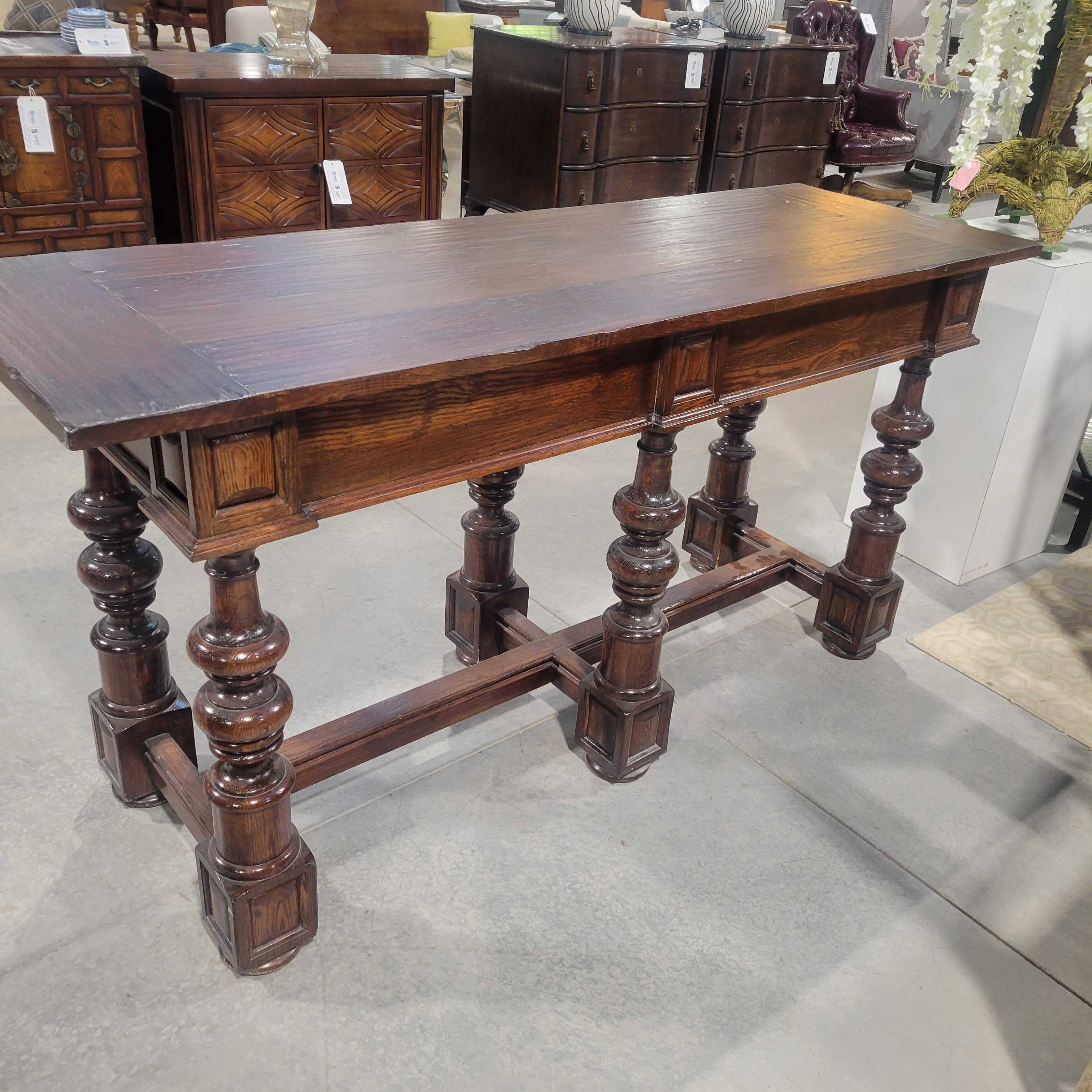 72"x 24"x 36" Carved Wood Ornate Leg & Trestle 2 Drawer Sofa Table