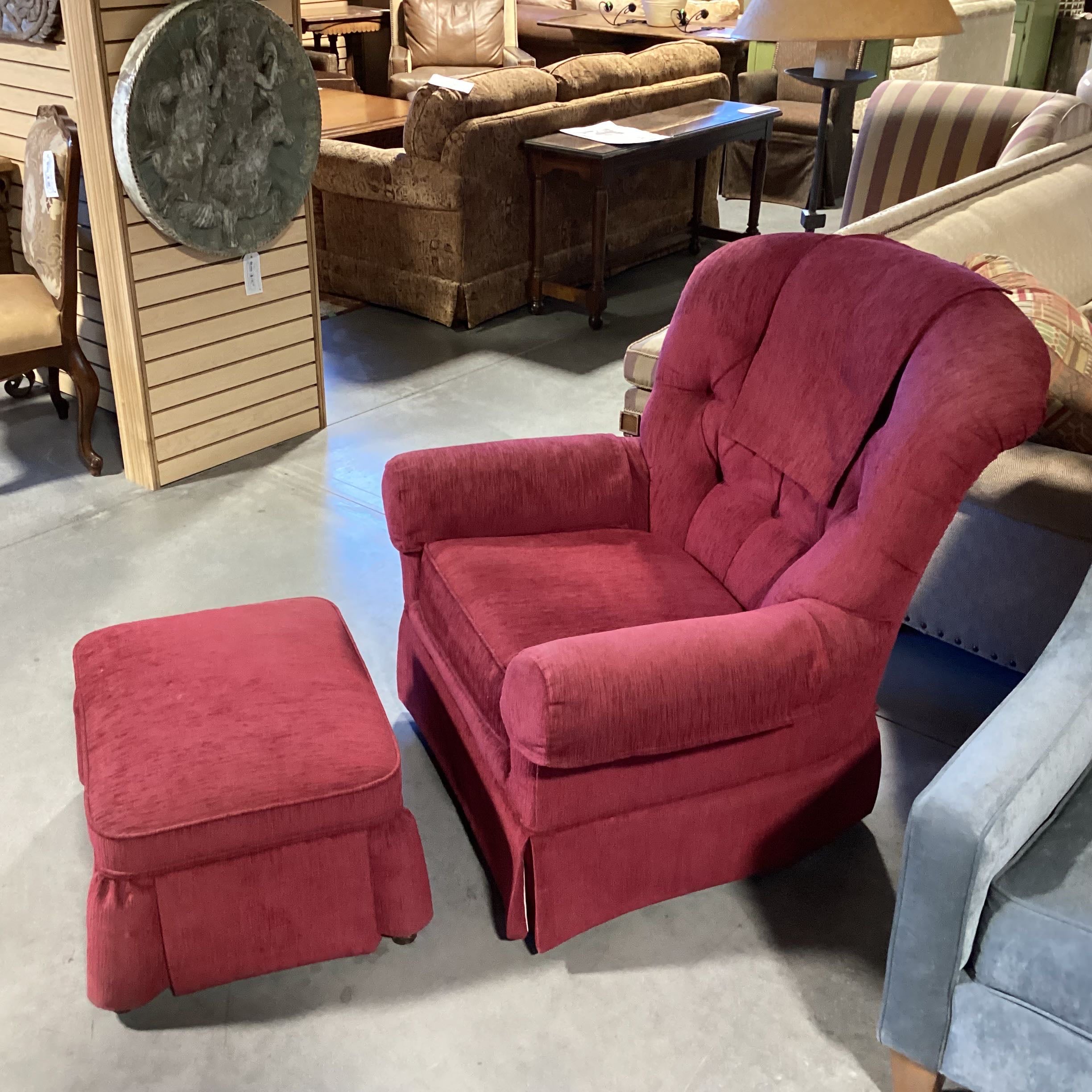 Burgundy Tufted Back with Ottoman Rolled Arm Chair