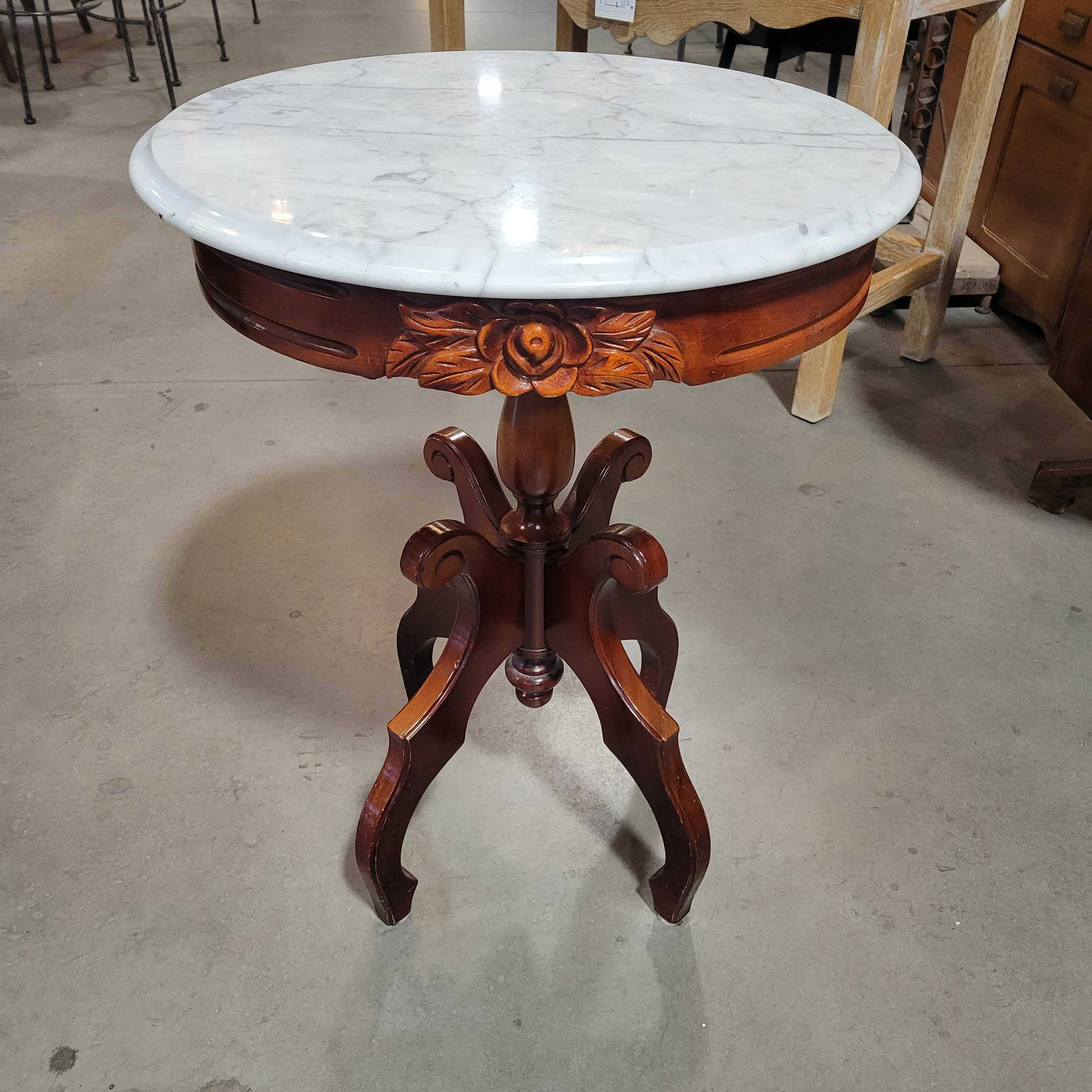 Antique Carved Wood & Marble Top Round Accent Table