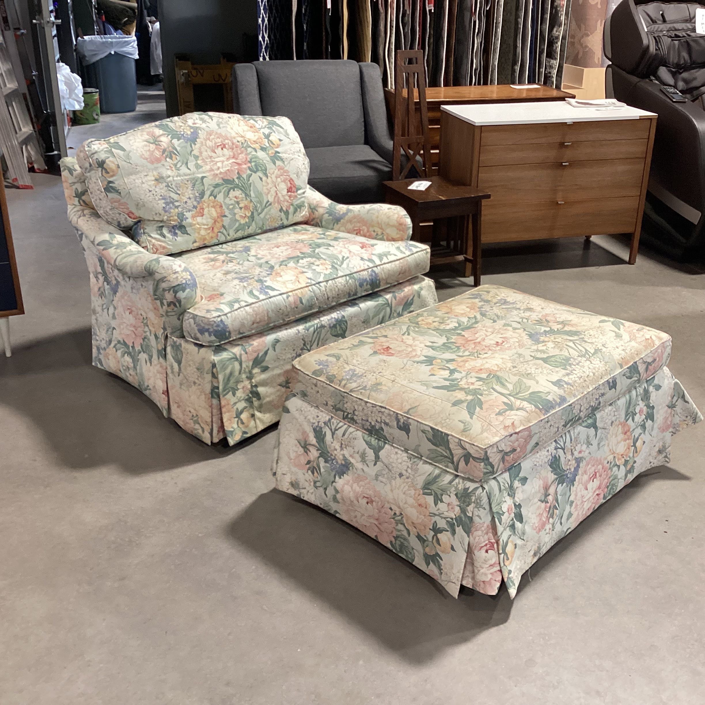 Baker Furniture Floral Upholstered Down with Ottoman Chair