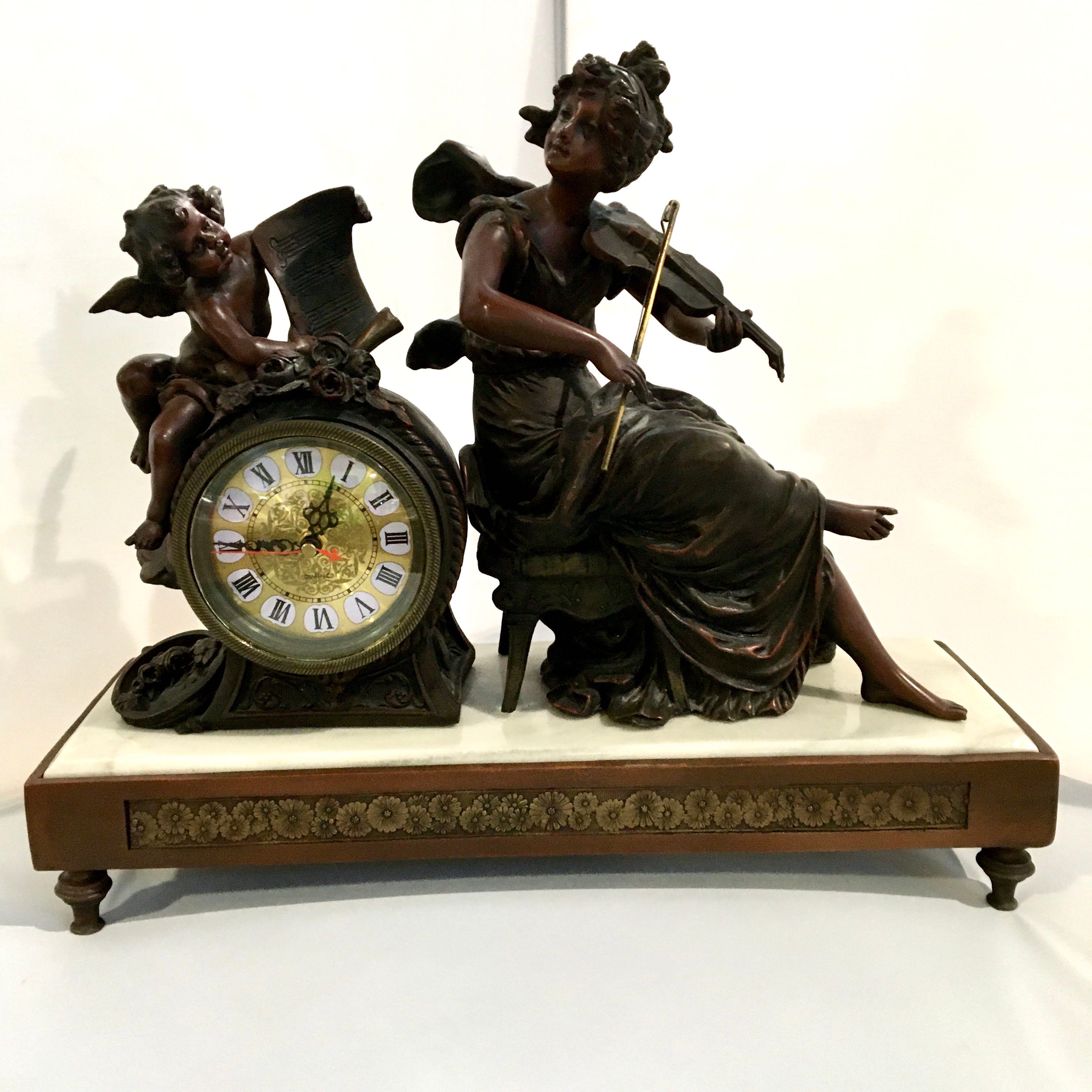 19"x 6.75"x 16" Early 20th Century with Clock Violin Player & Cherub Marble Statues
