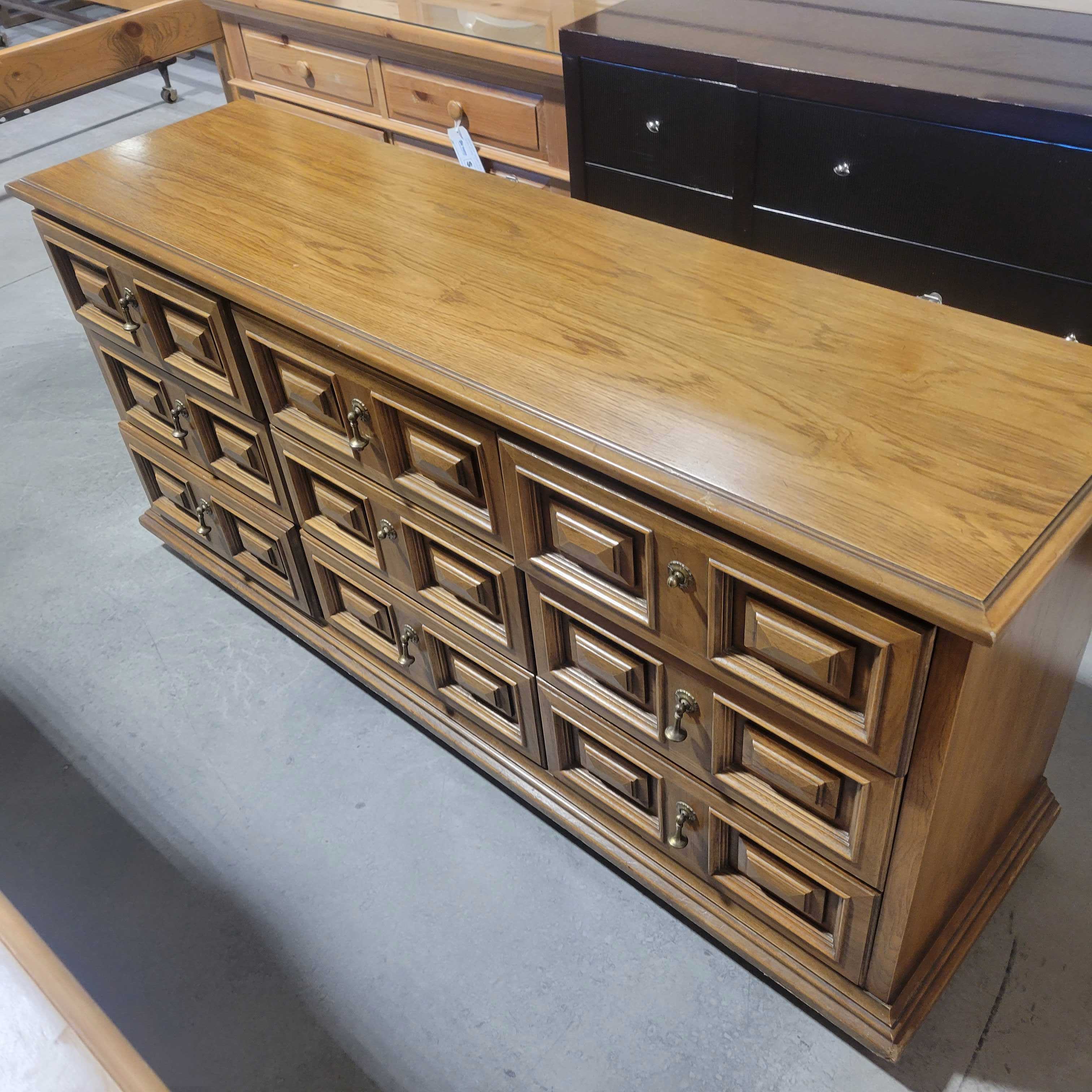 70"x 19"x 32" Wood Panel Detail 9 Drawers Brass Teardrop Pulls Dresser