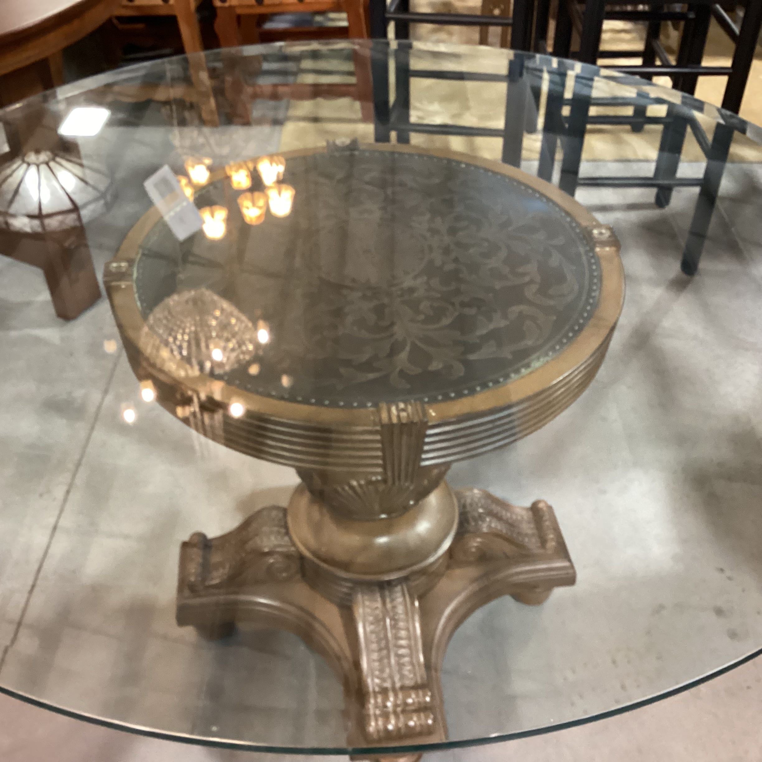 Round Glass Carved Wood Pedestal Brass Inset Detail Dining Table