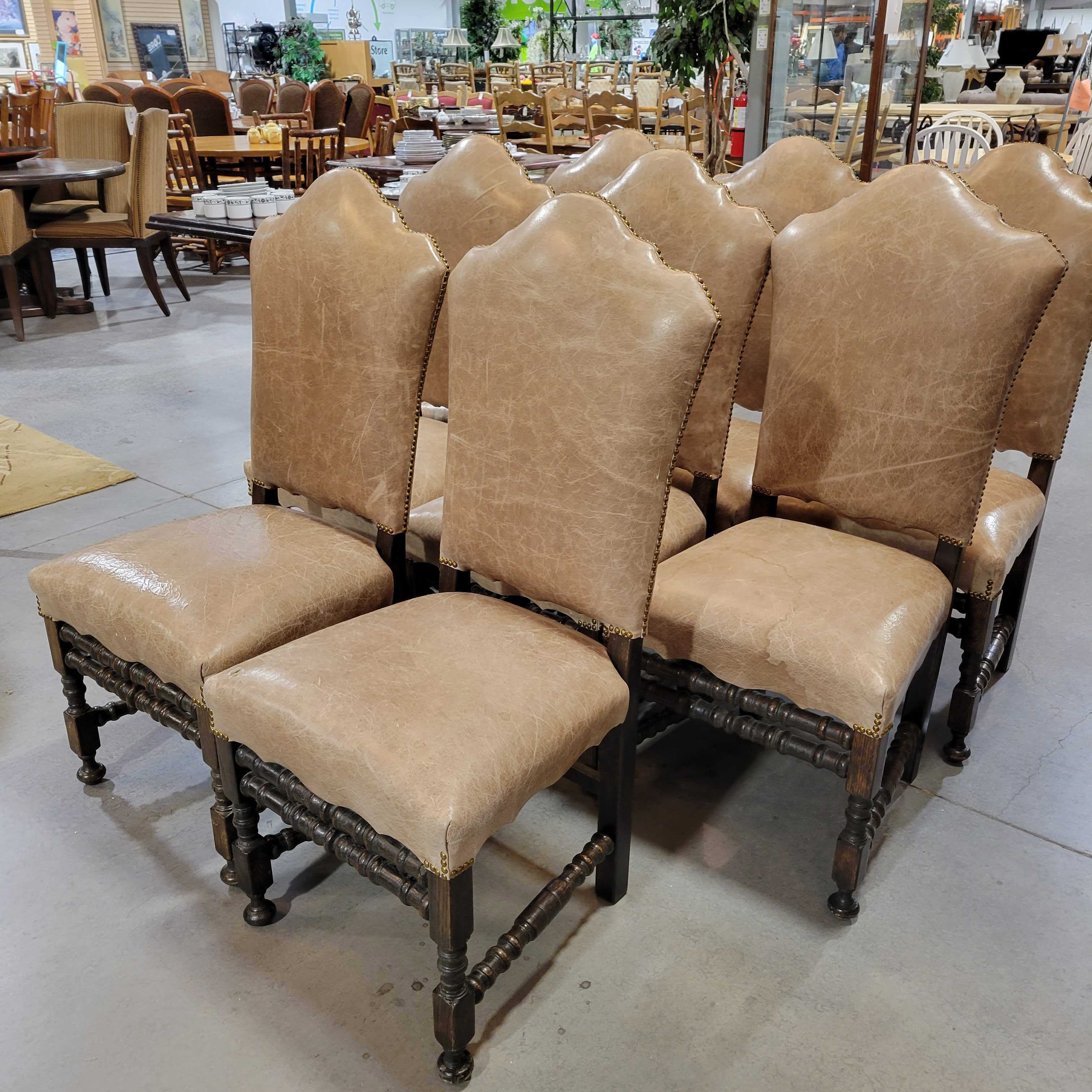 SET of 8 Carved Wood Beige Distressed Leather Nailhead Dining Chairs