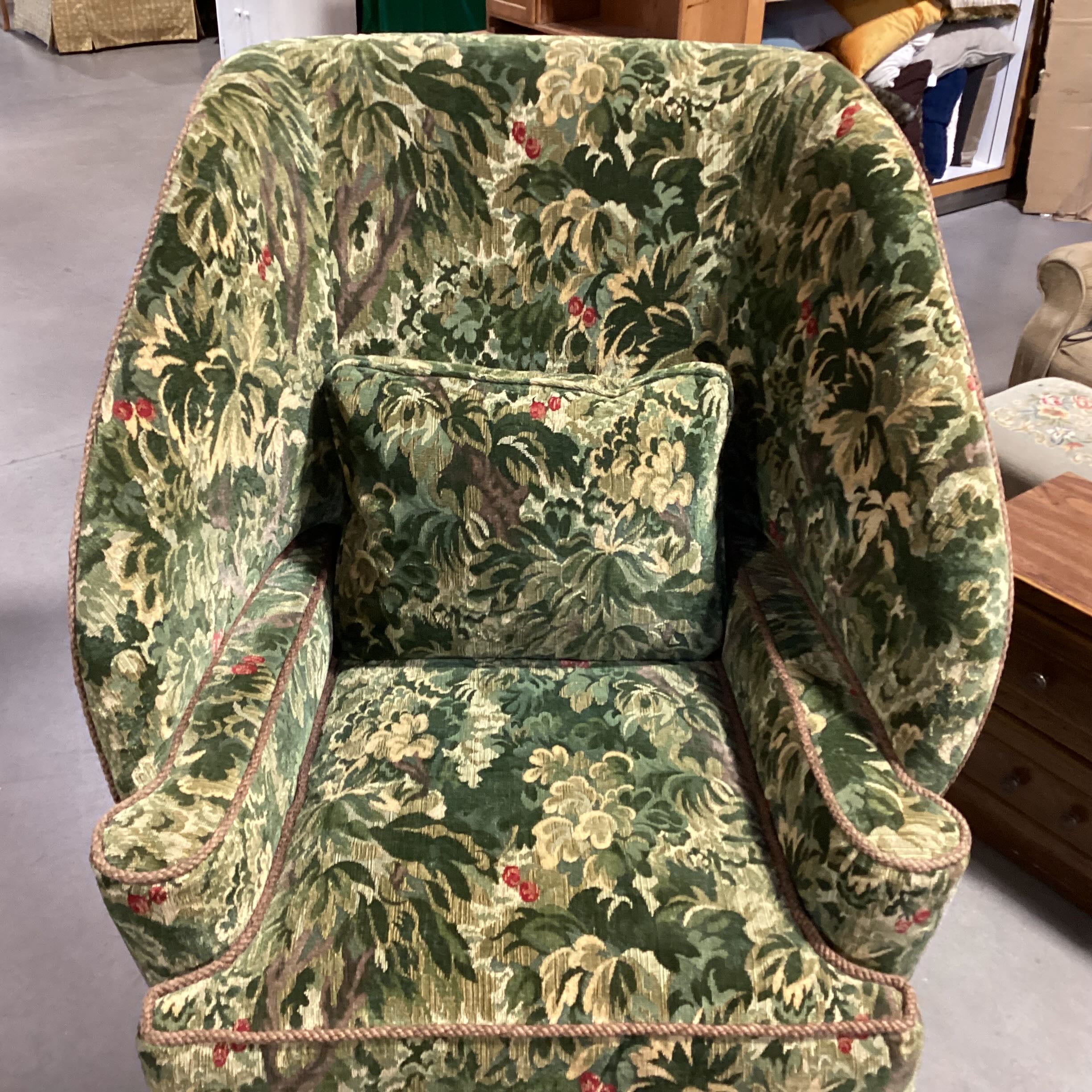 Gina B Green Floral Upholstered Twisted Piping Carved Wood Oversized Wing Chair