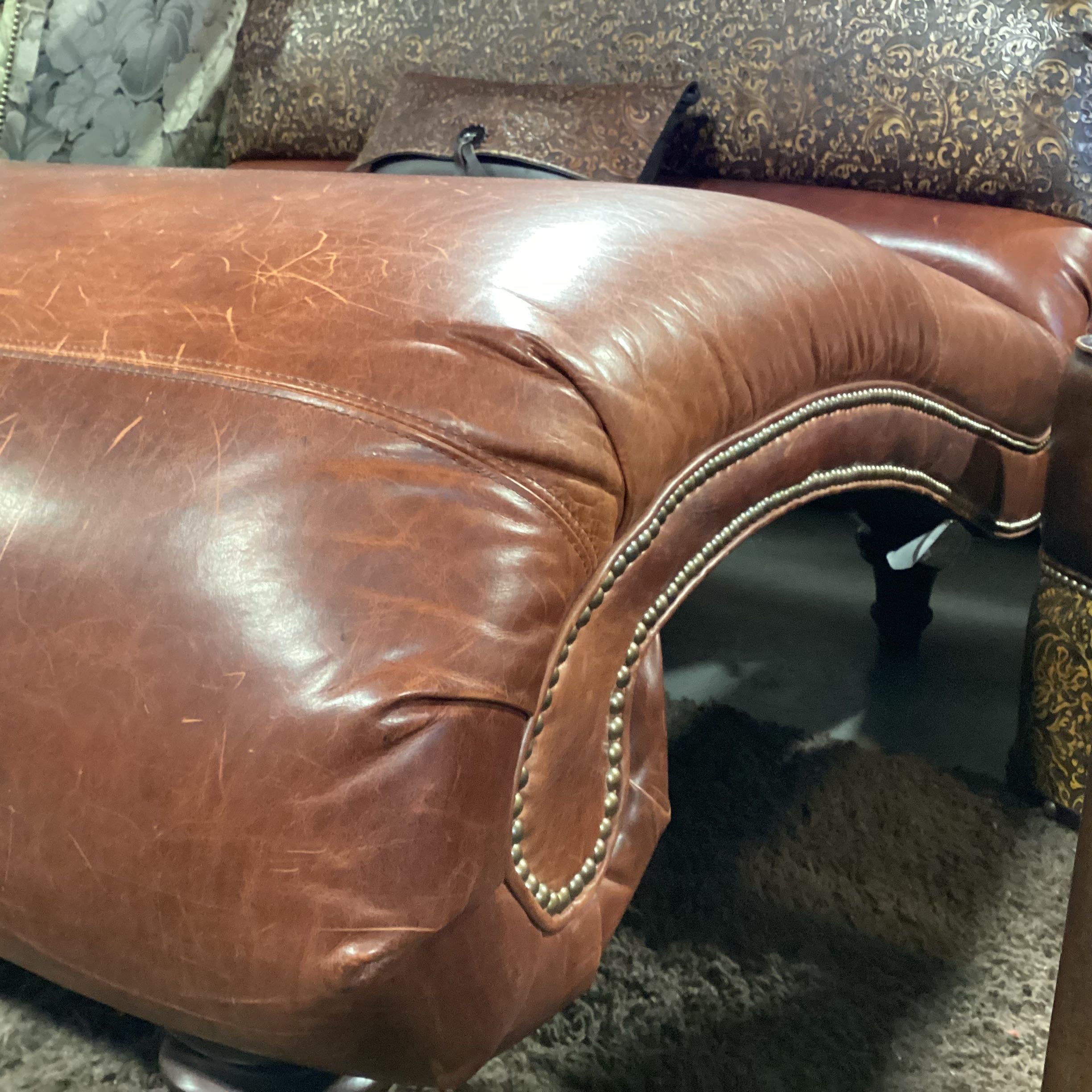 Hancock & Moore Tooled & Brown Leather Nailhead with Pillow Chaise Sofa