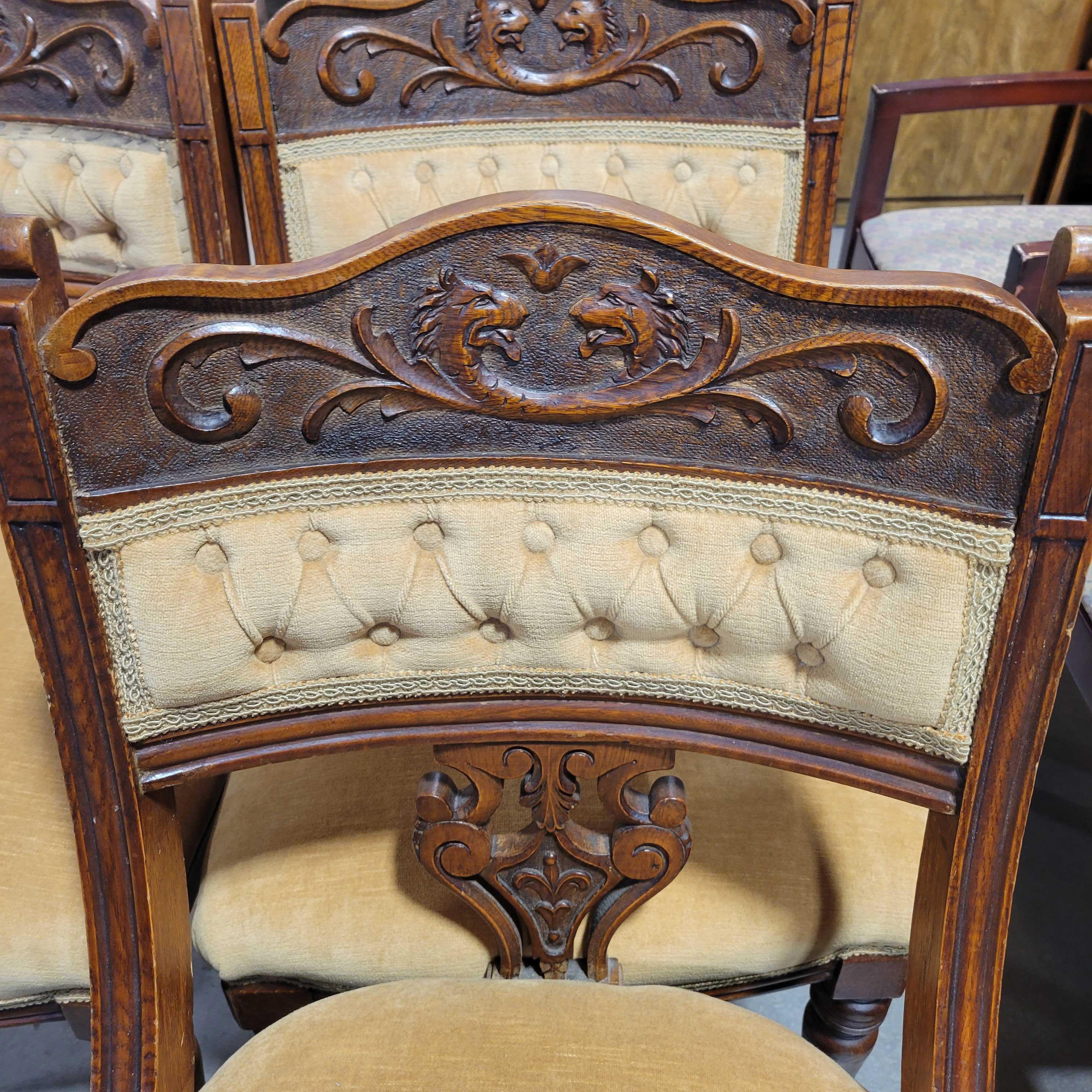 Set of 4 Antique Ornate Carved Wood and Gold Velvet Dining Chairs