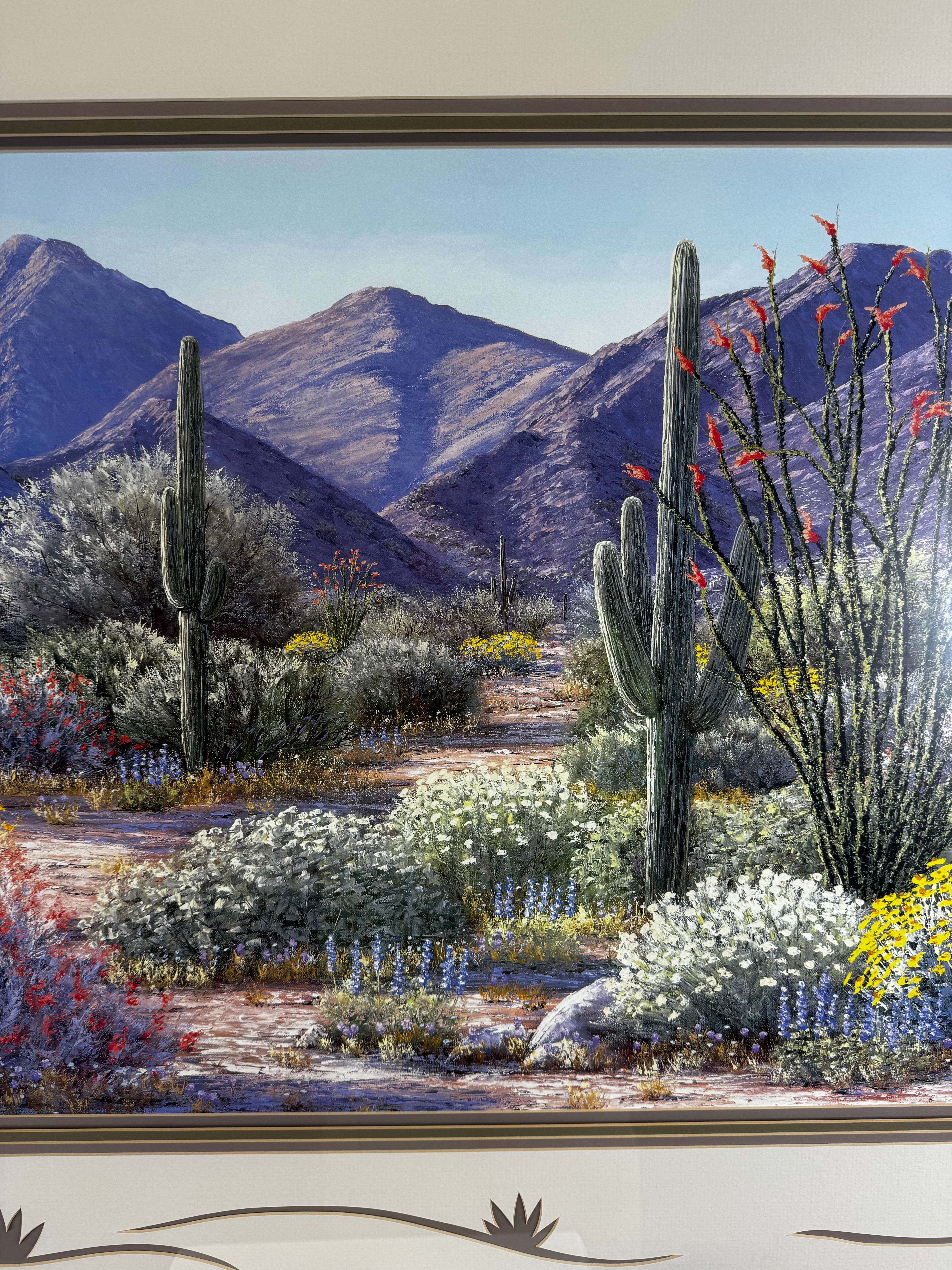 Desert Landscape By Linda Lea Acrylic on Paper Desert Cactus Matted Print