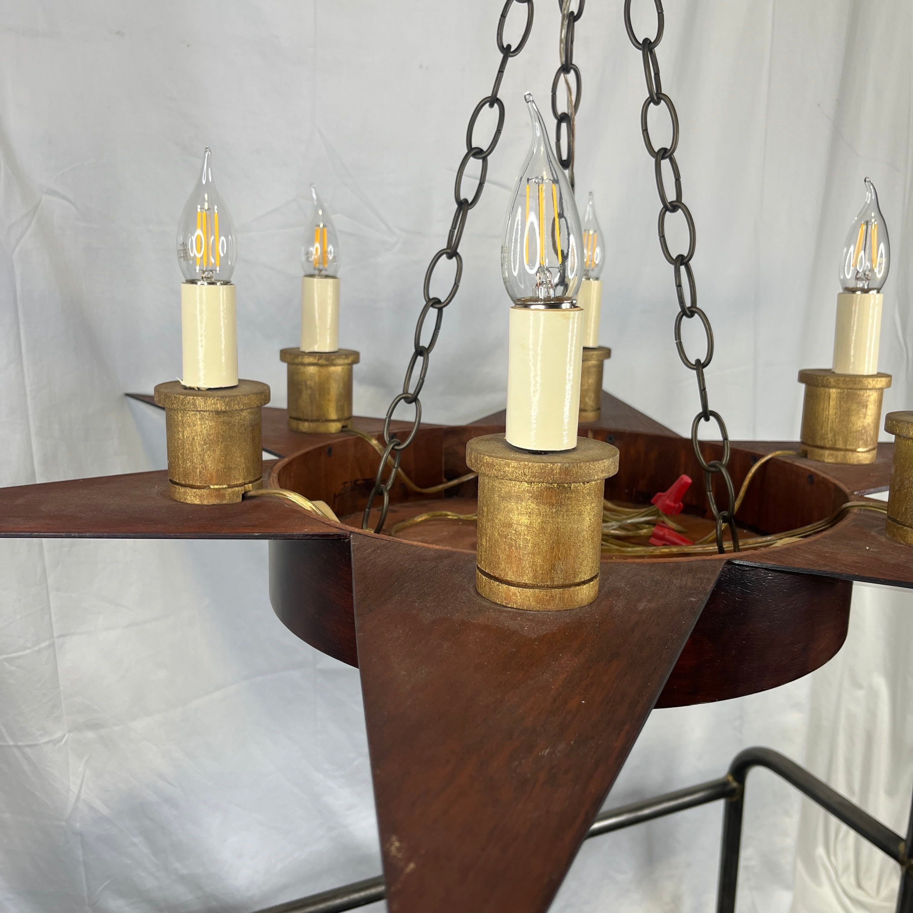 Folk Art Style 6 Light Copper Brushed Wooden Star with Gold Accents Chandelier