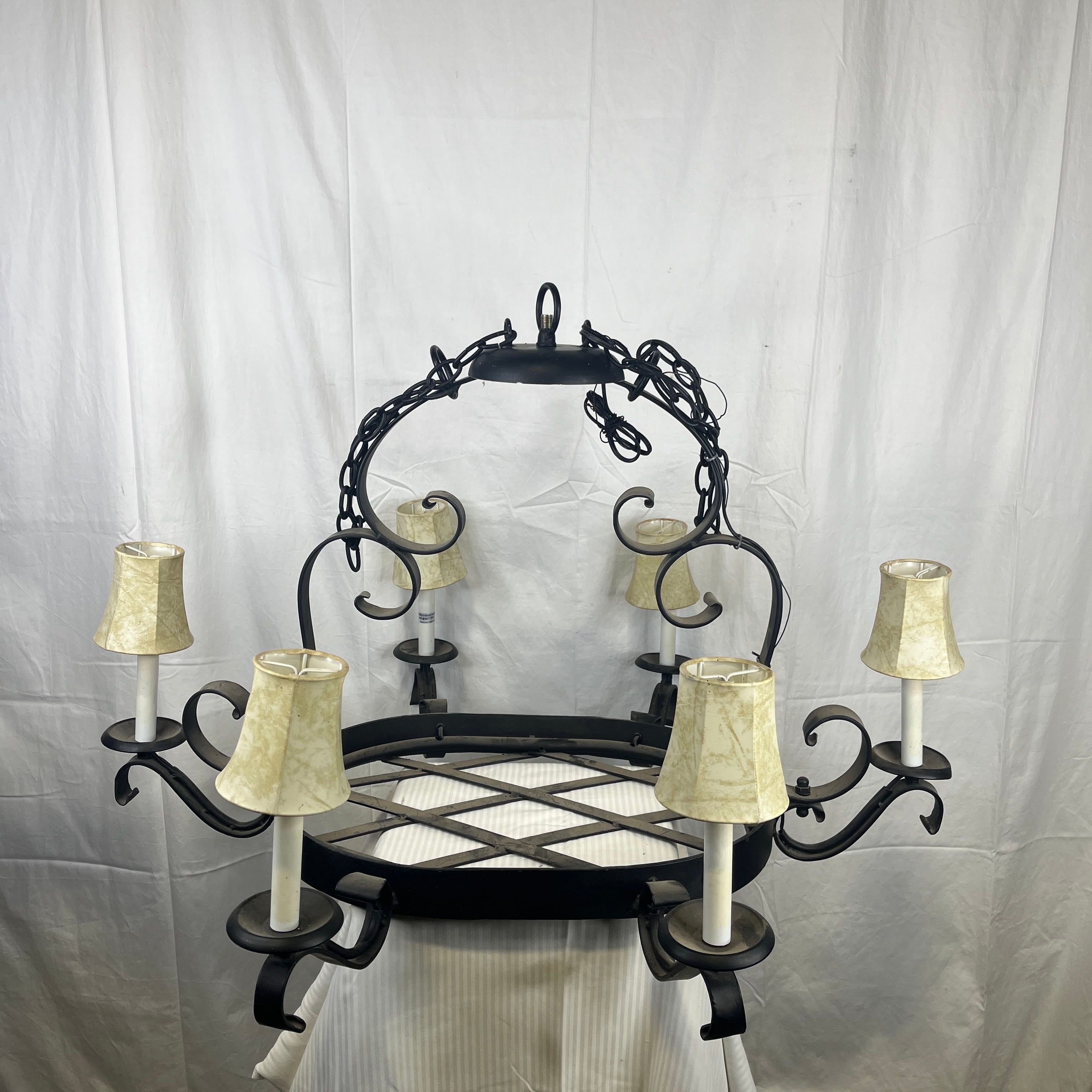 French Iron Country Style 6 Light with Faux Hyde Shades Chandelier