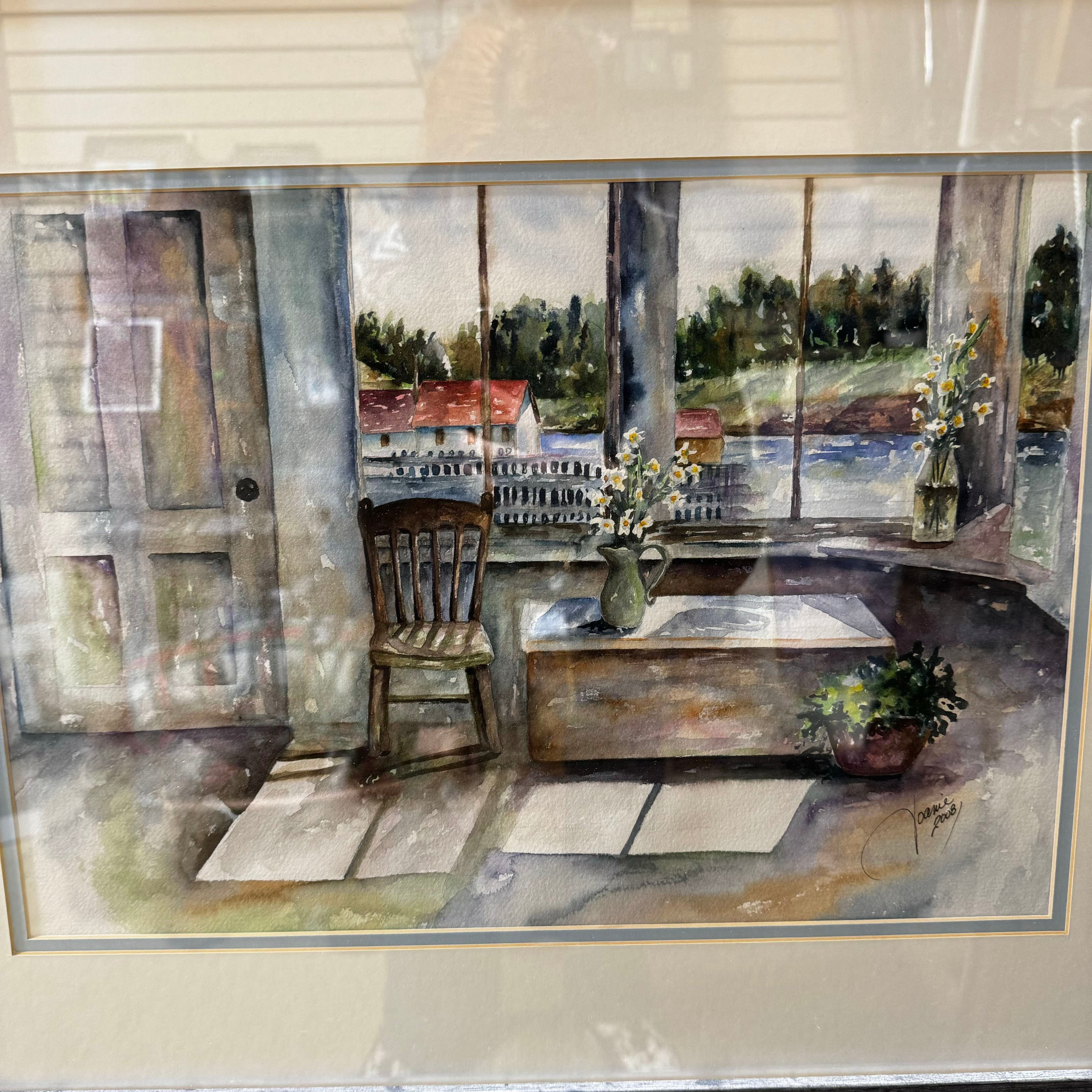 Home Scenery Water Color By Joanie Ford in 2008 Neutral Color Double Matted with Frame Wall Art
