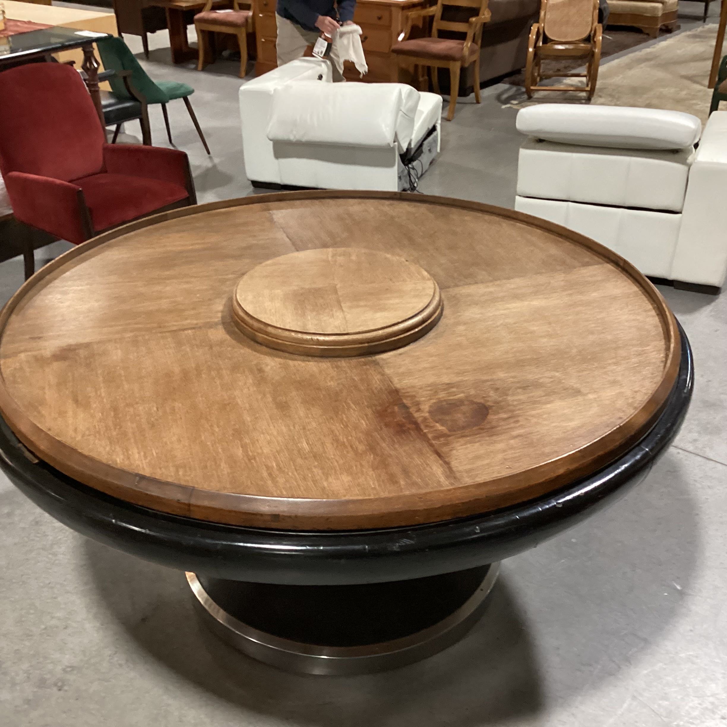 Round Wood and Metal with Wood Pedestal Full Lazy Susan Top Dining Table
