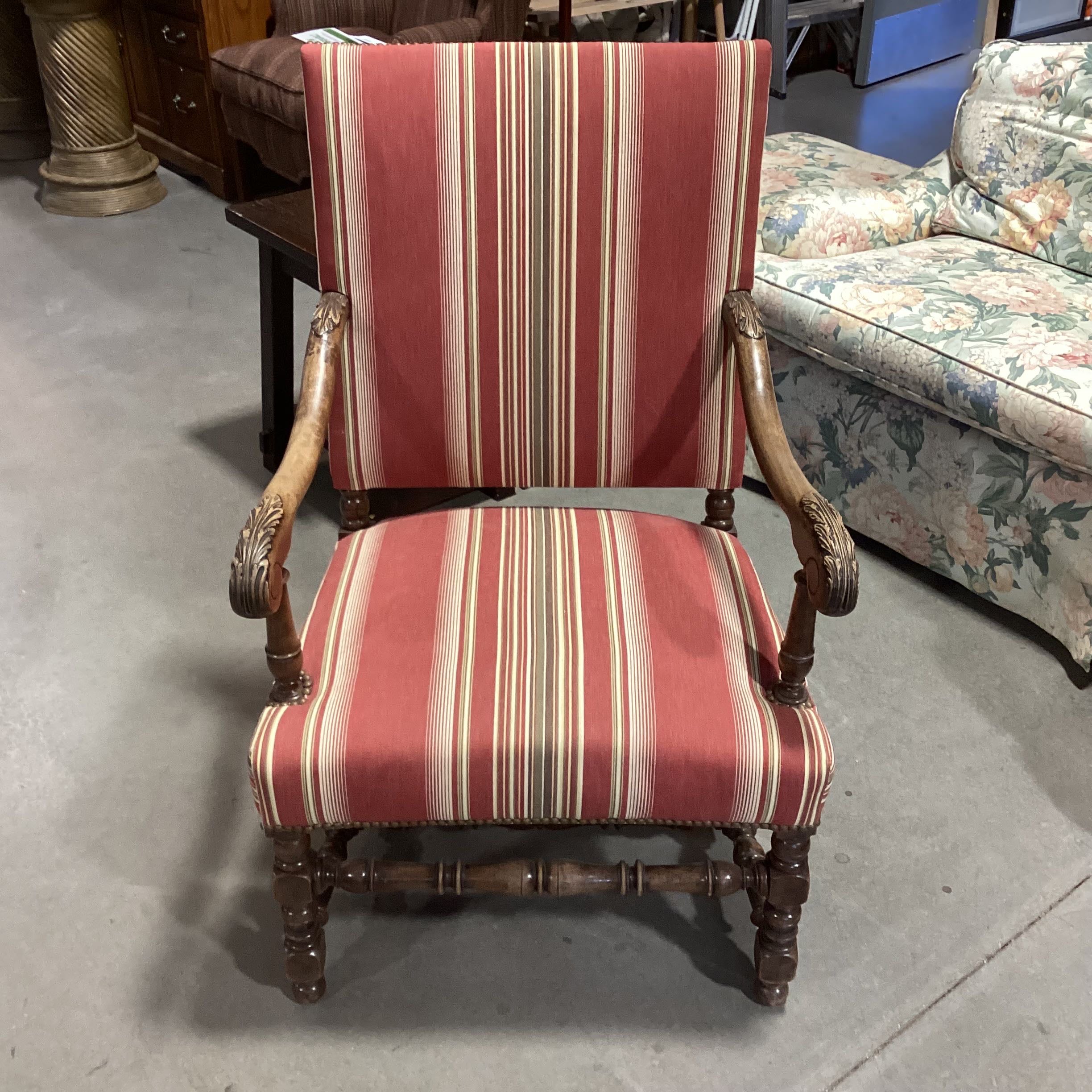 Antique Carved Wood Red Olive Gold Stripe Canvas Style Upholstered Chair
