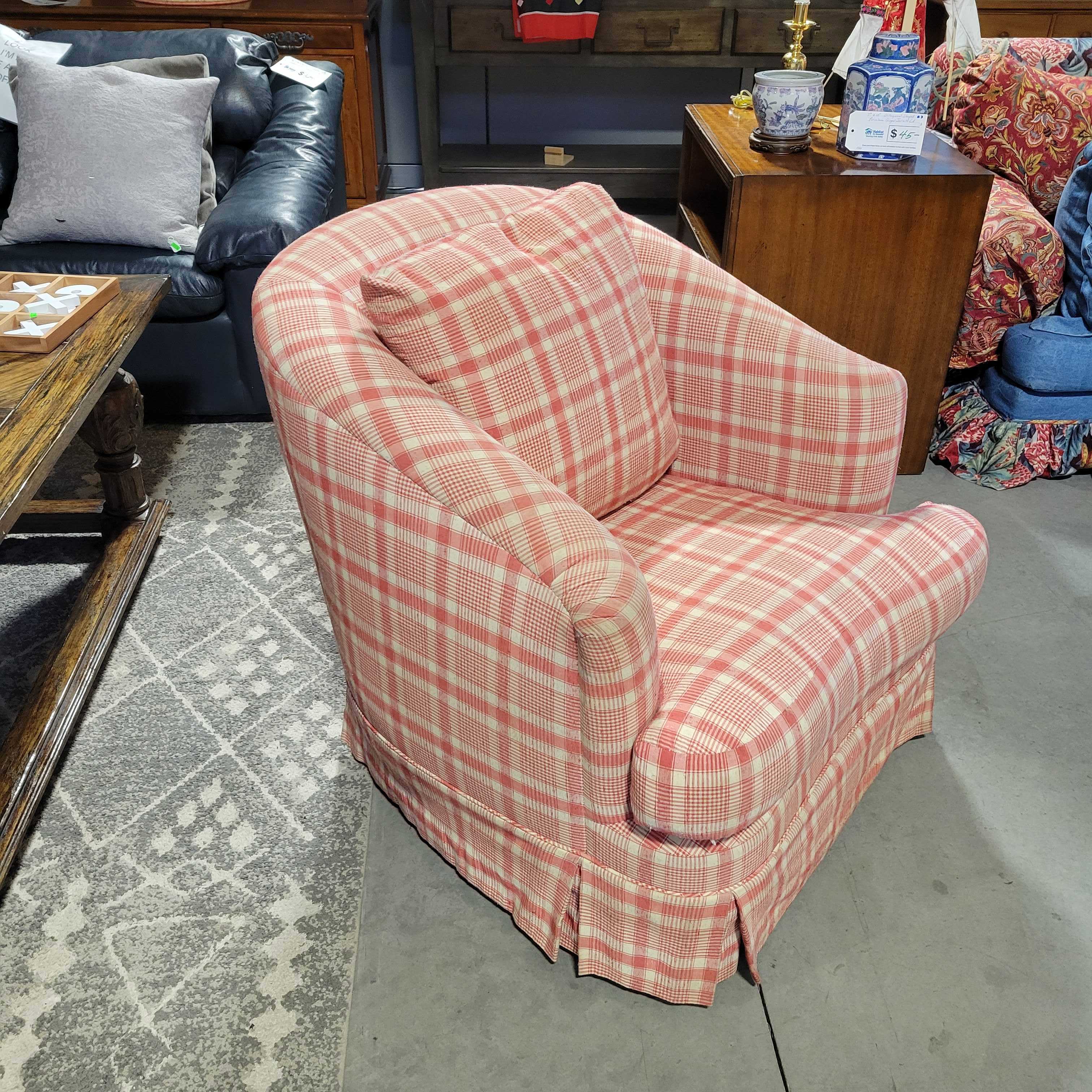 34"x 34"x 32" Red & Cream Linen Plaid Chair