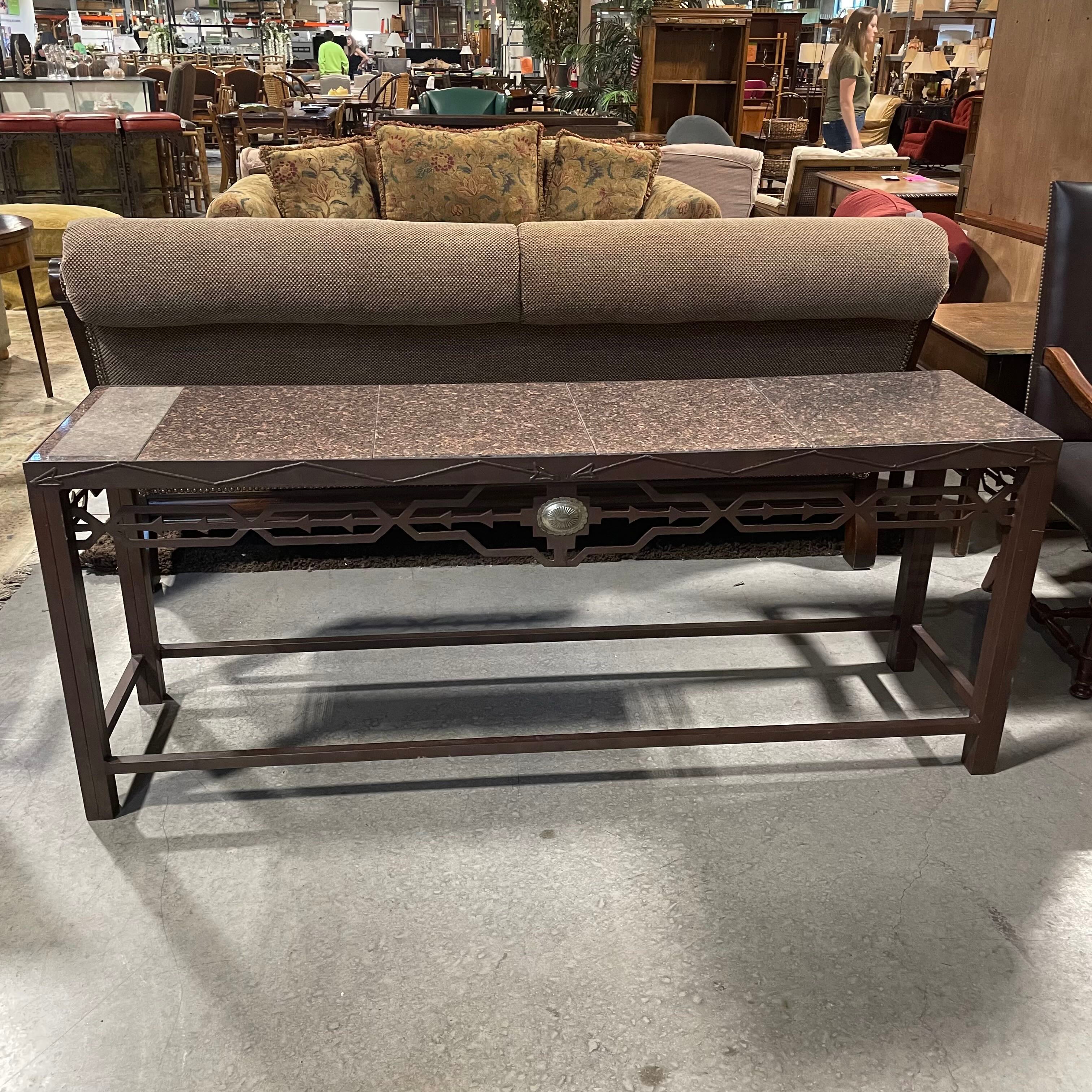 72"x 18"x 29" Iron Cutout & Concho with Granite Tile Top Sofa Table