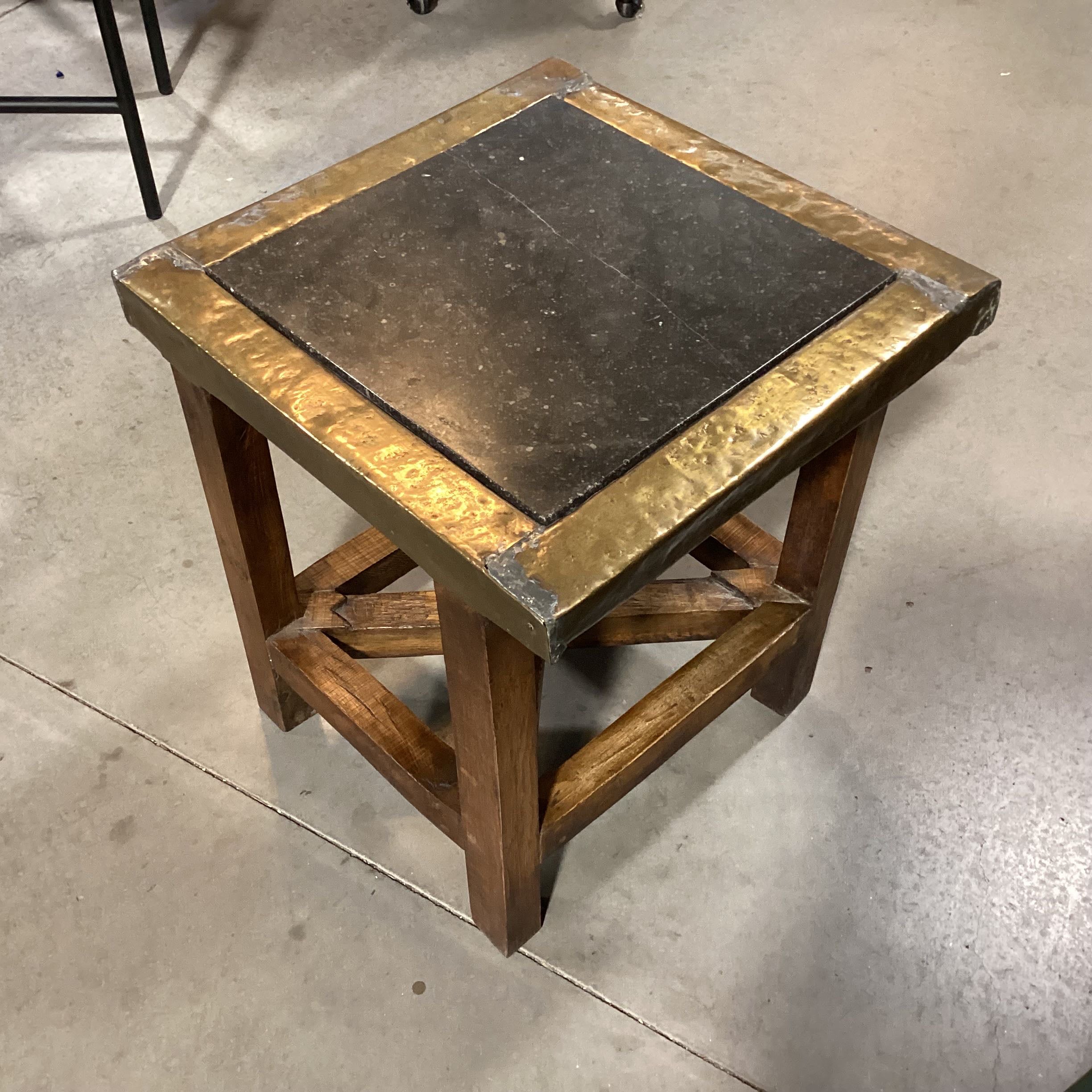 Custom Wood X Base Brass Wrapped Border with Stone Center Accent Table