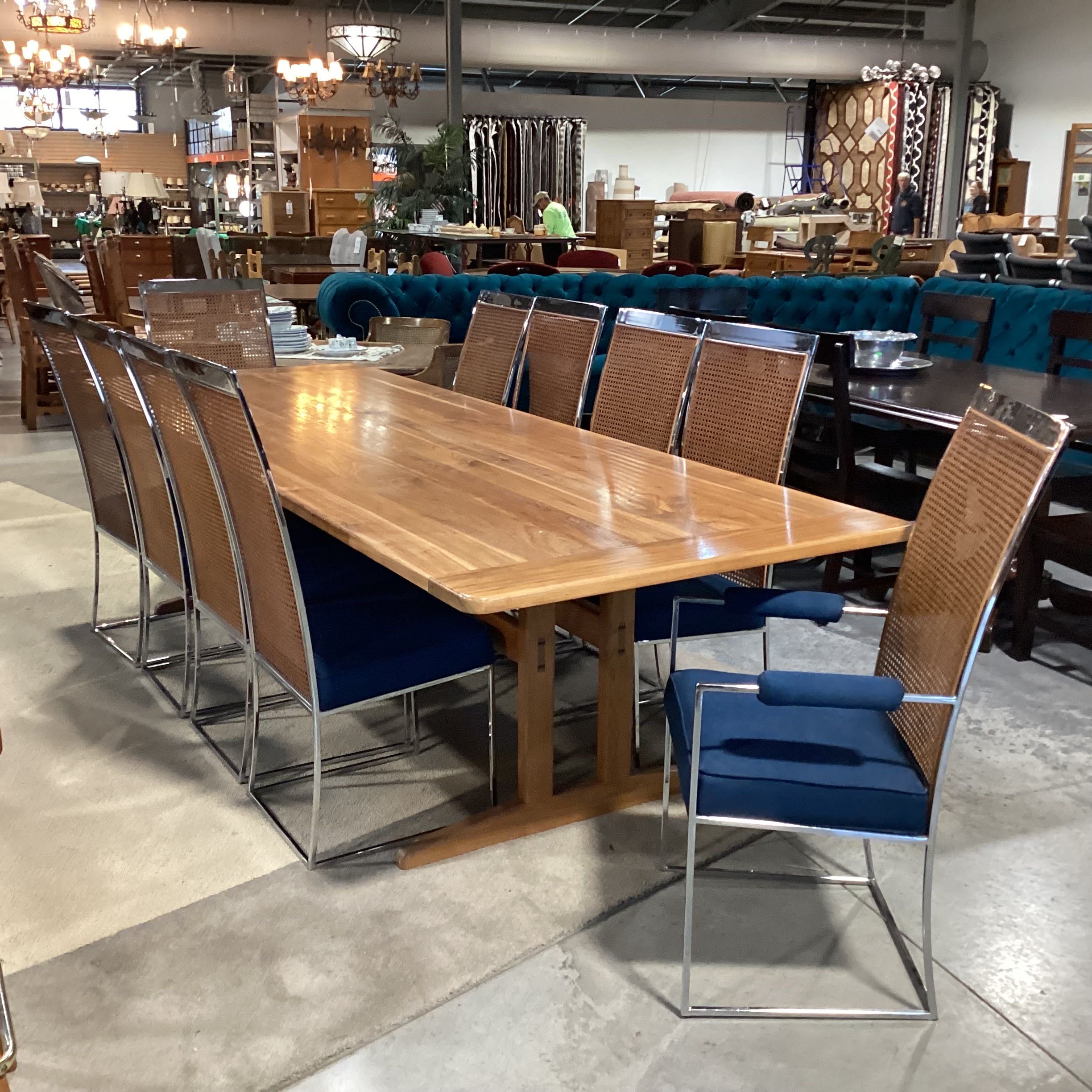 Custom Walnut Trestle Table by R. Deanda 10 Thayer Coggin Chrome Caning Blue Chairs Dining Set