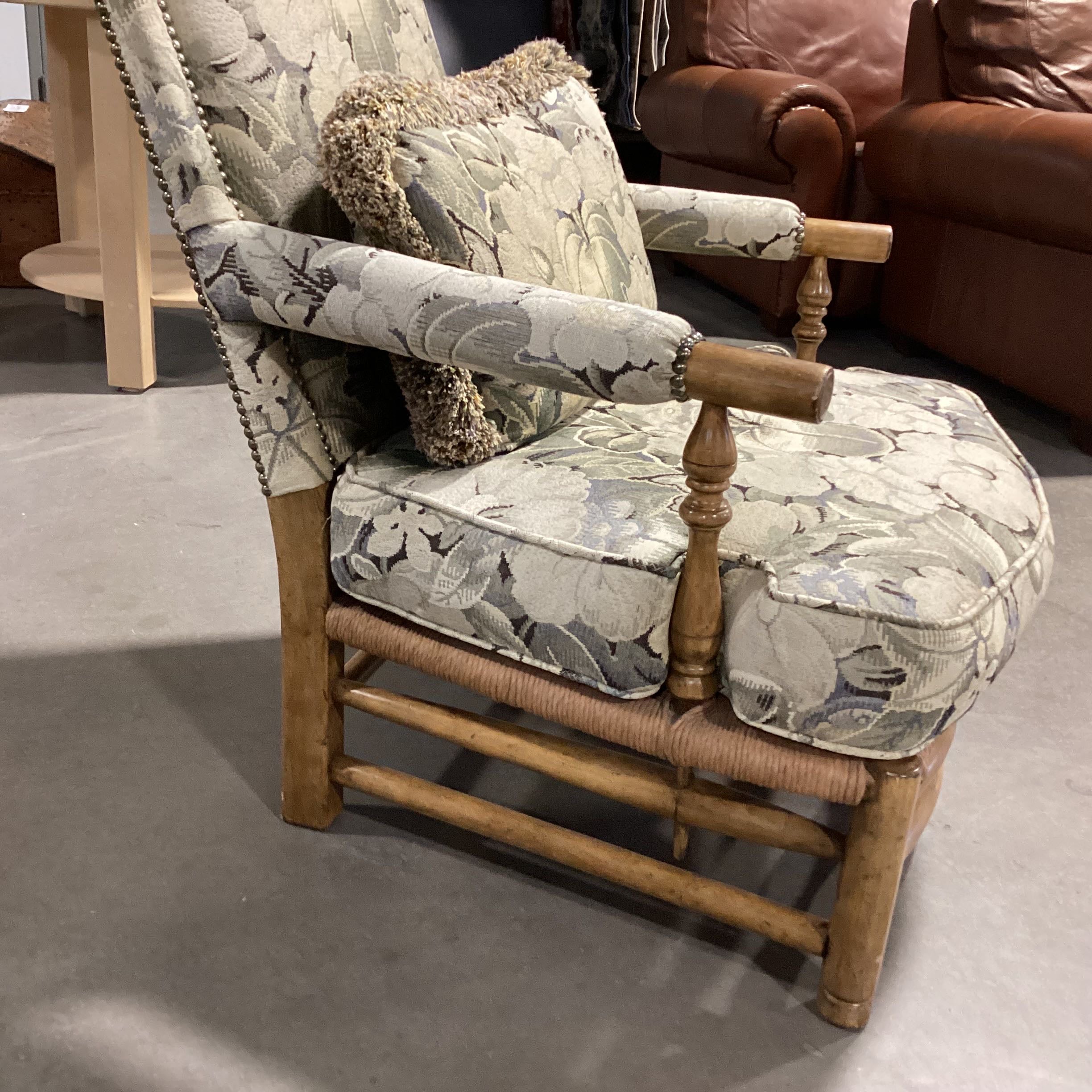 Rush Seat Cane Base Cream & Gray Cushions Nailhead Accent with Pillow Chair