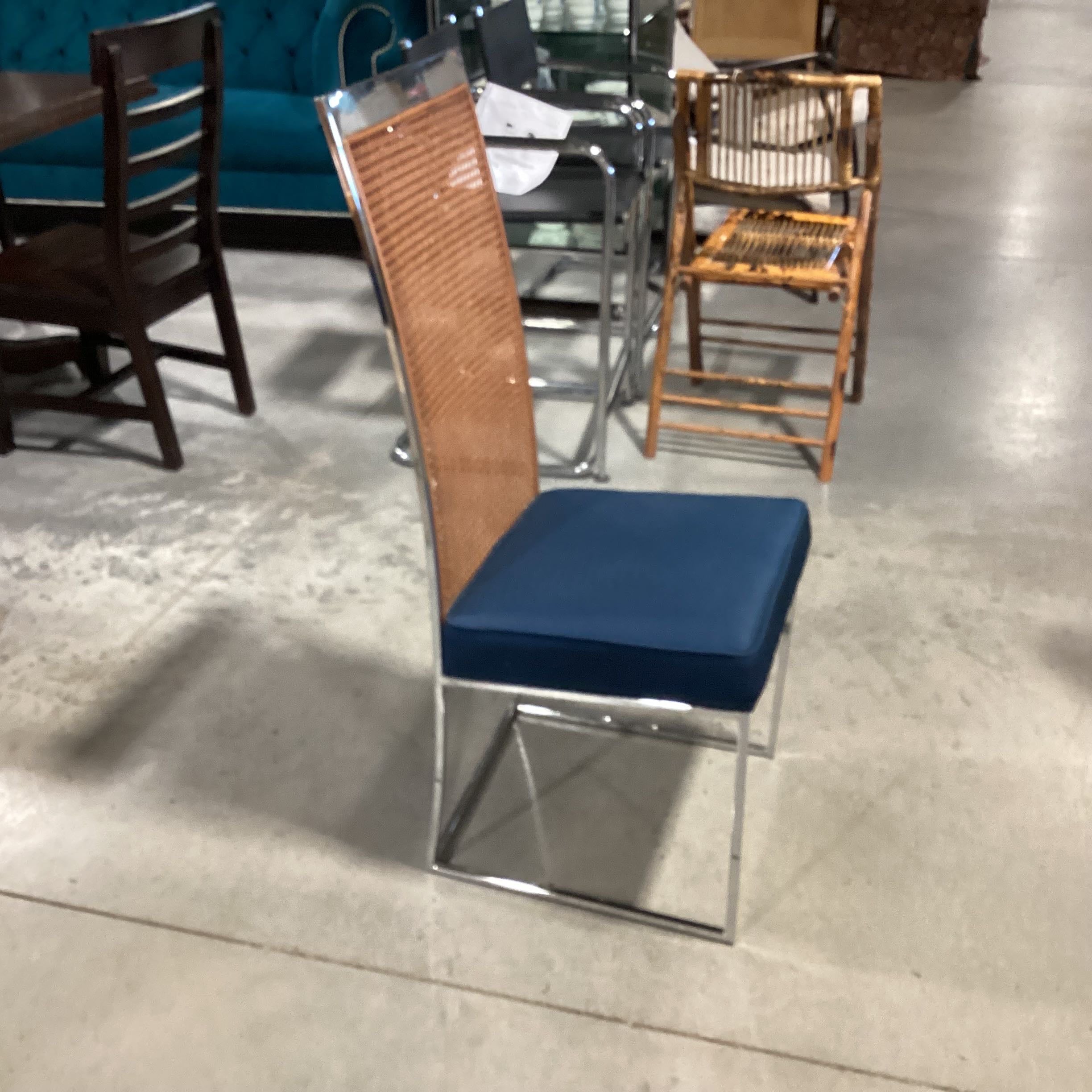 Custom Walnut Trestle Table by R. Deanda 10 Thayer Coggin Chrome Caning Blue Chairs Dining Set