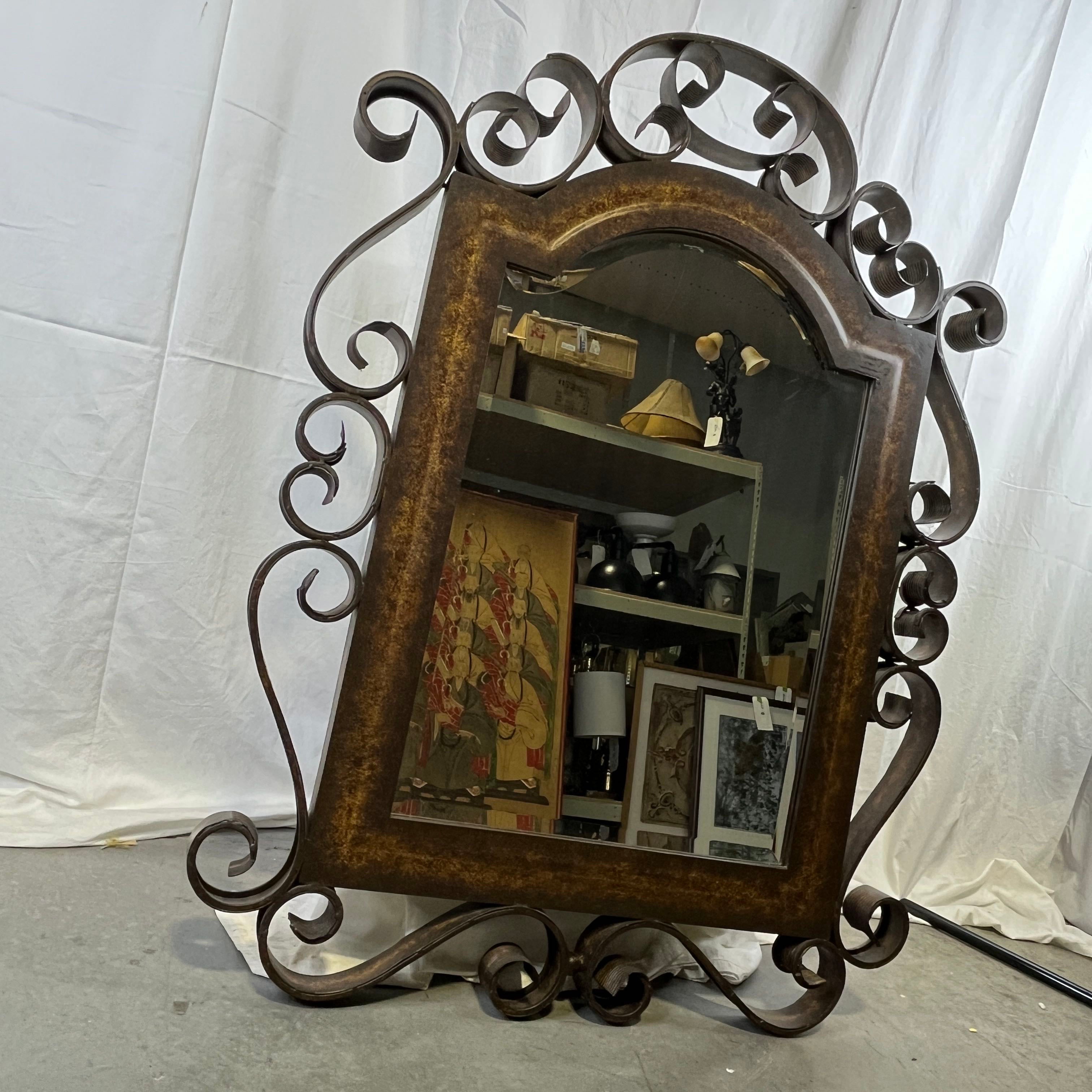 Distressed Wrought Iron Scroll Style Wall Hanging Mirror