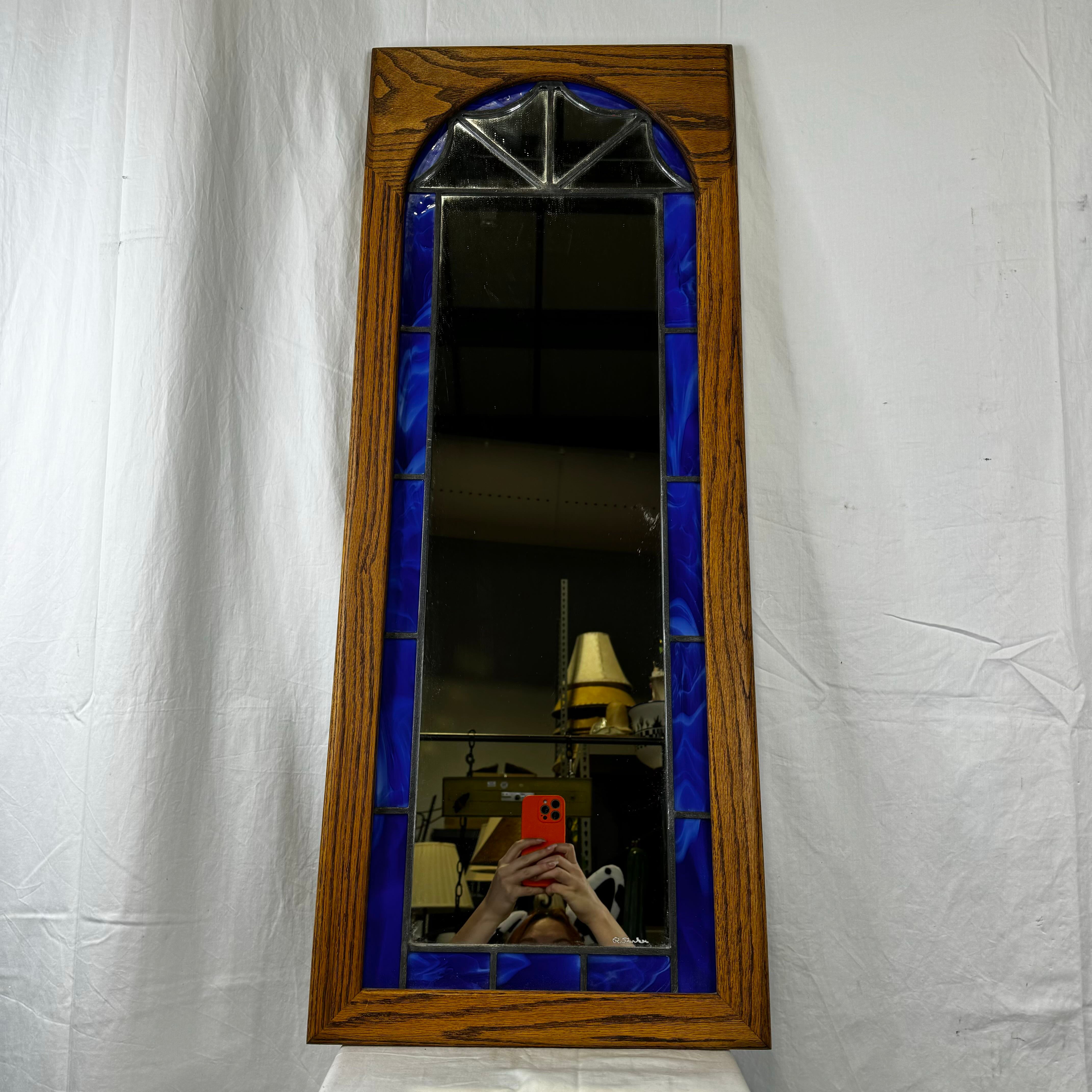 American Made Stained Glass Mirror with Solid Arched Oak frame