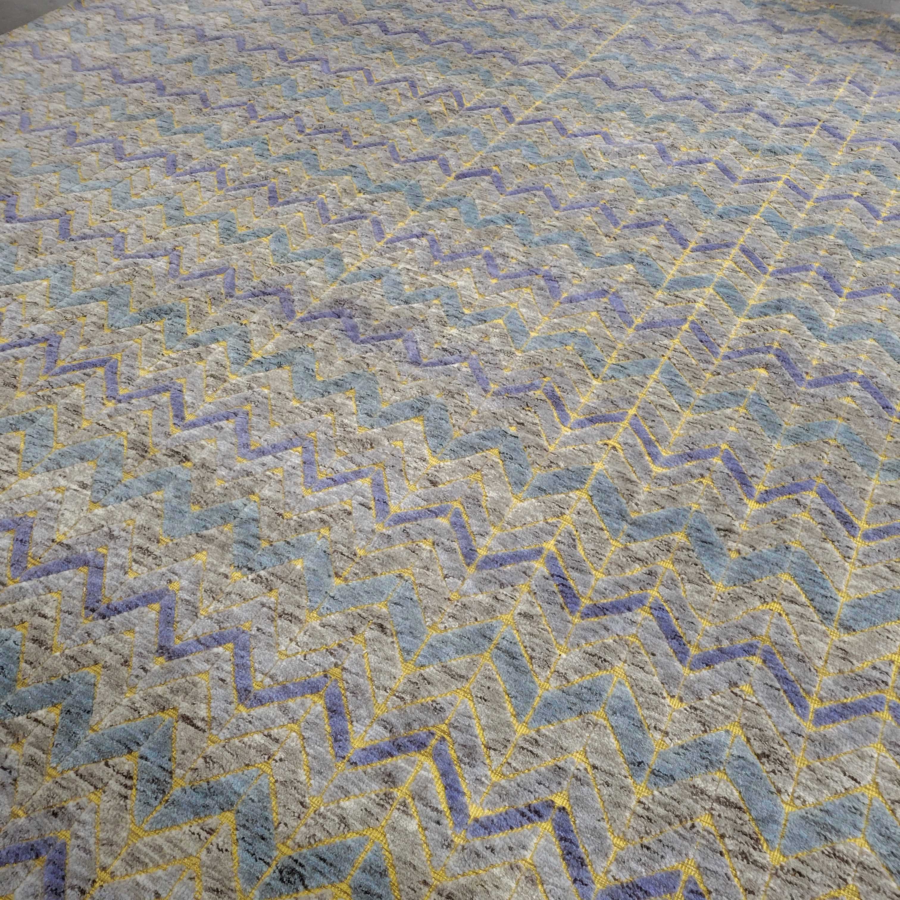 Blue Grey Violet Gold Raised Chevron Handwoven with Pad Wool Rug