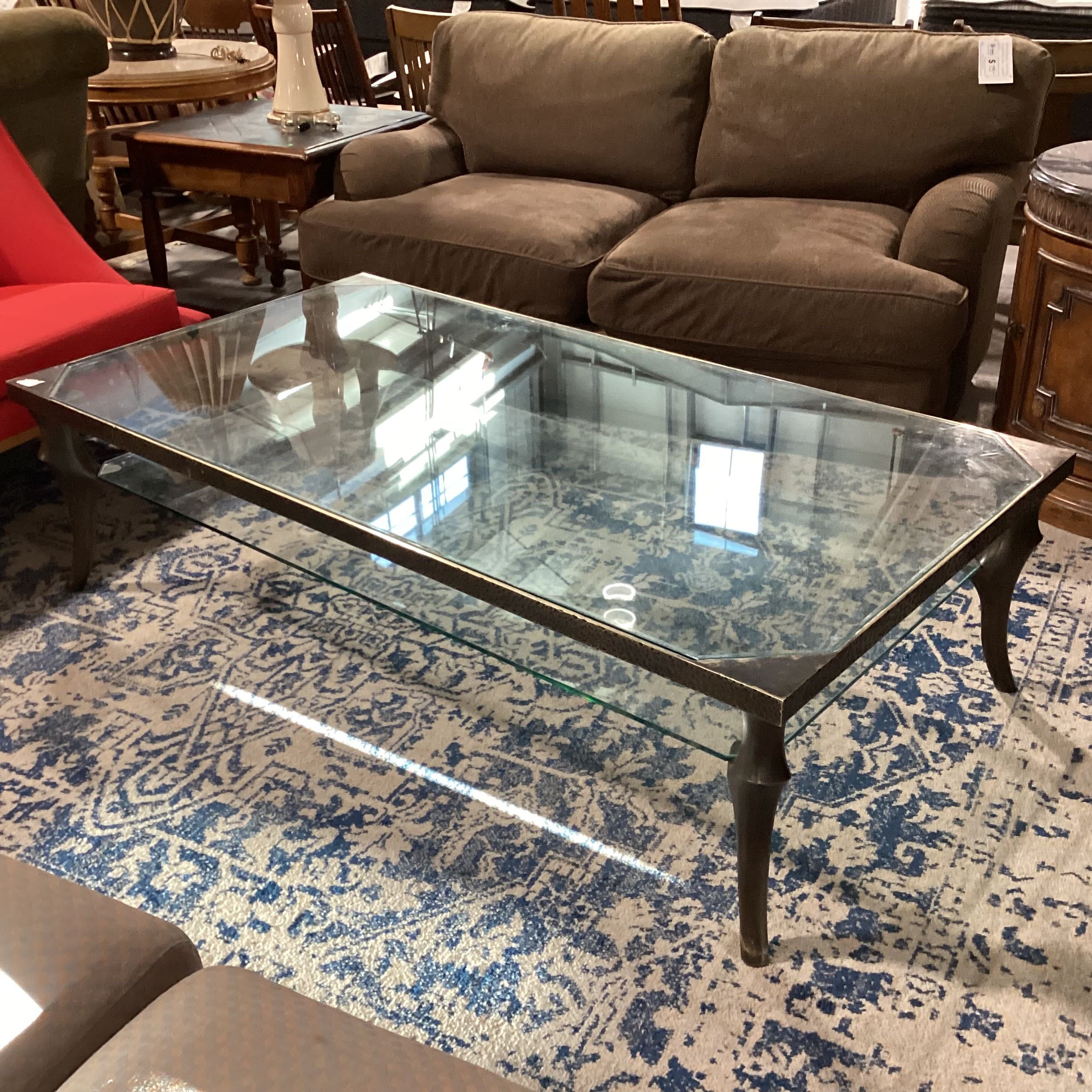 Texture Bronze Finish Metal Glass Top Inset Coffee Table