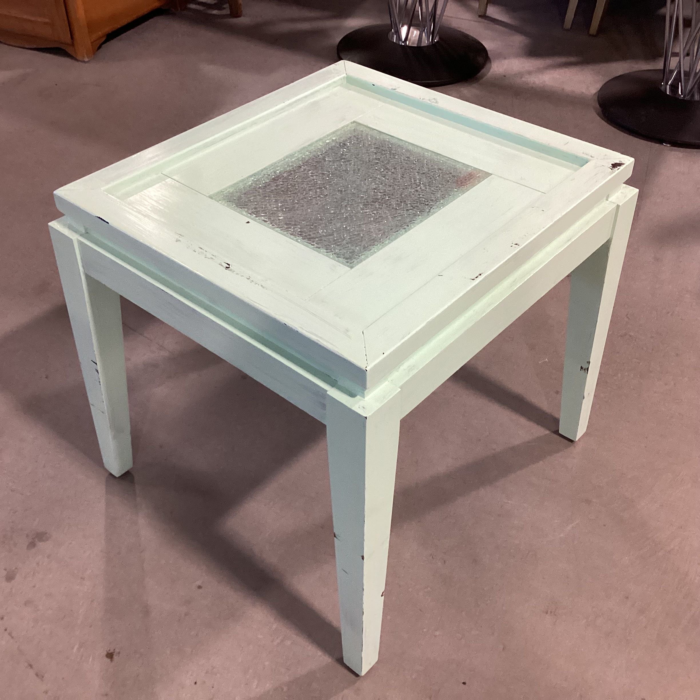 Mint Painted Wood & Crackle Glass Inset End Table