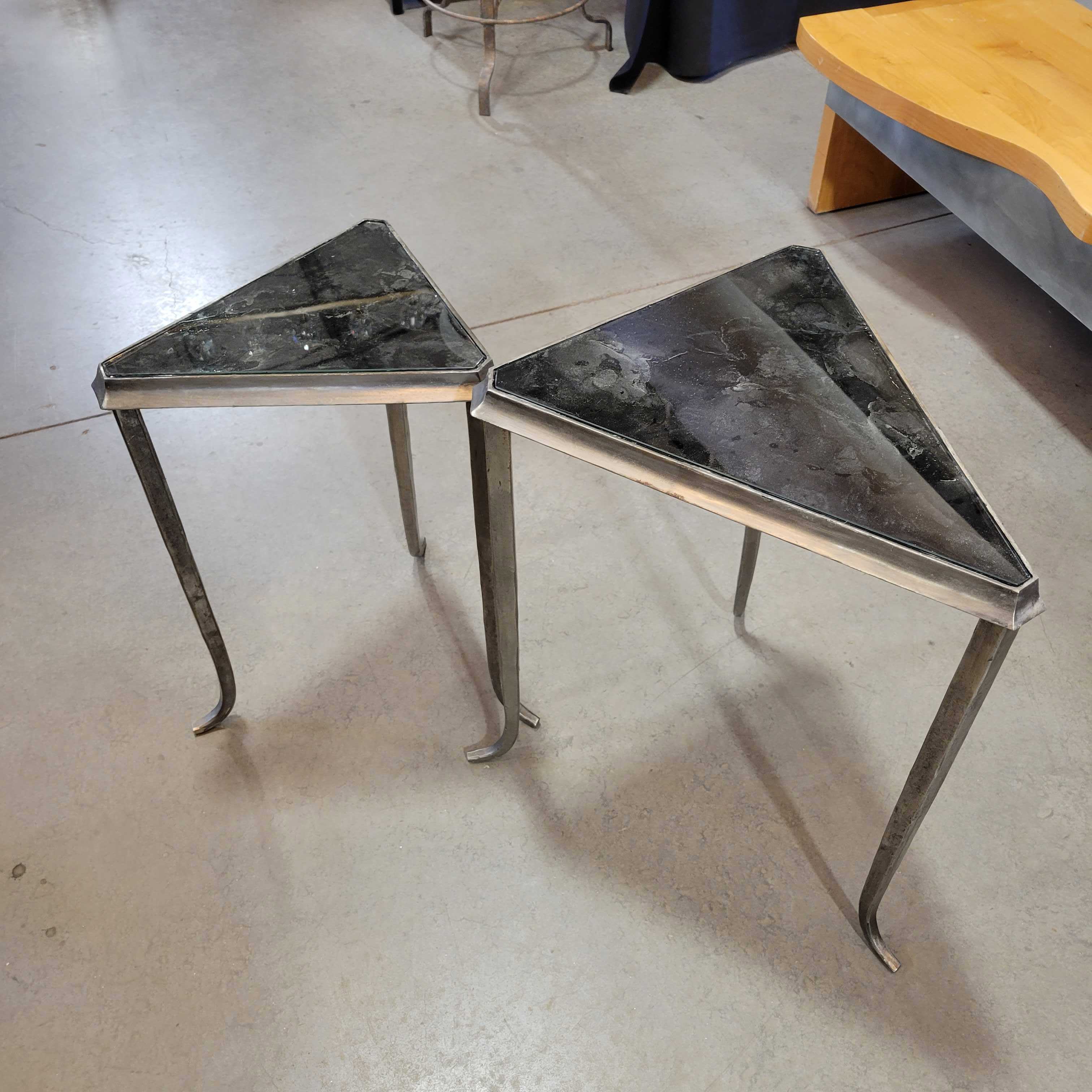 Set of 2 Custom Steel Resin Black & Silver Inset Glass Nesting Tables