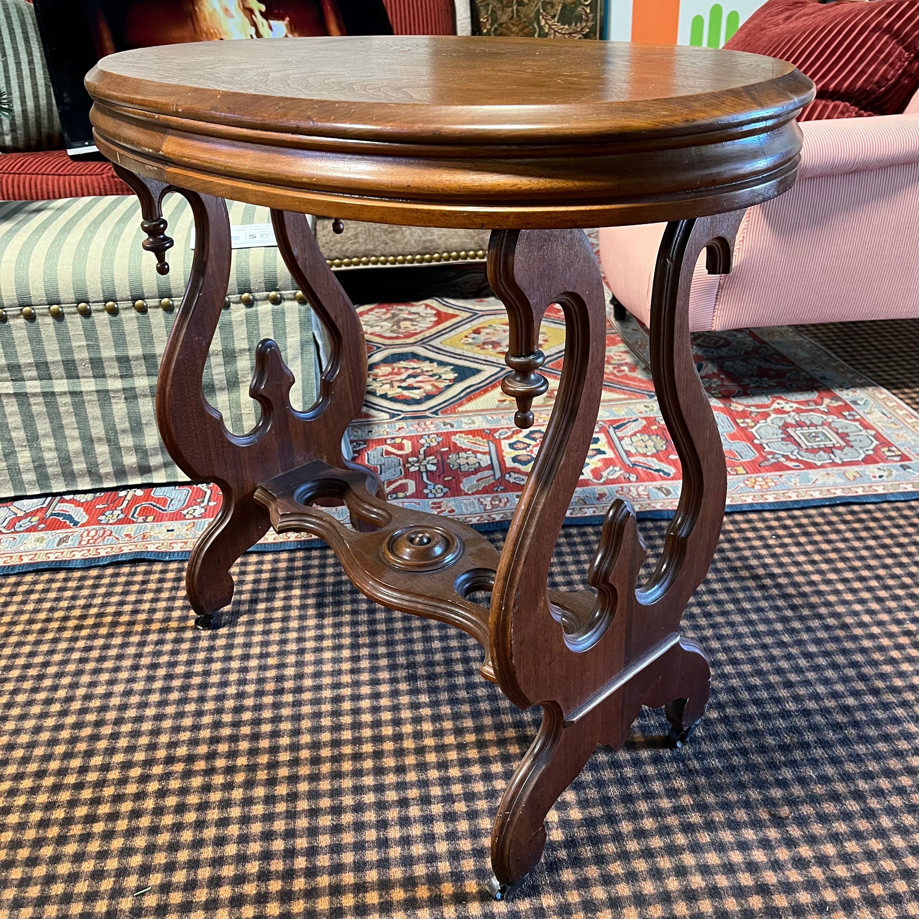 Antique Oval Carved Wood Trestle Accent Table
