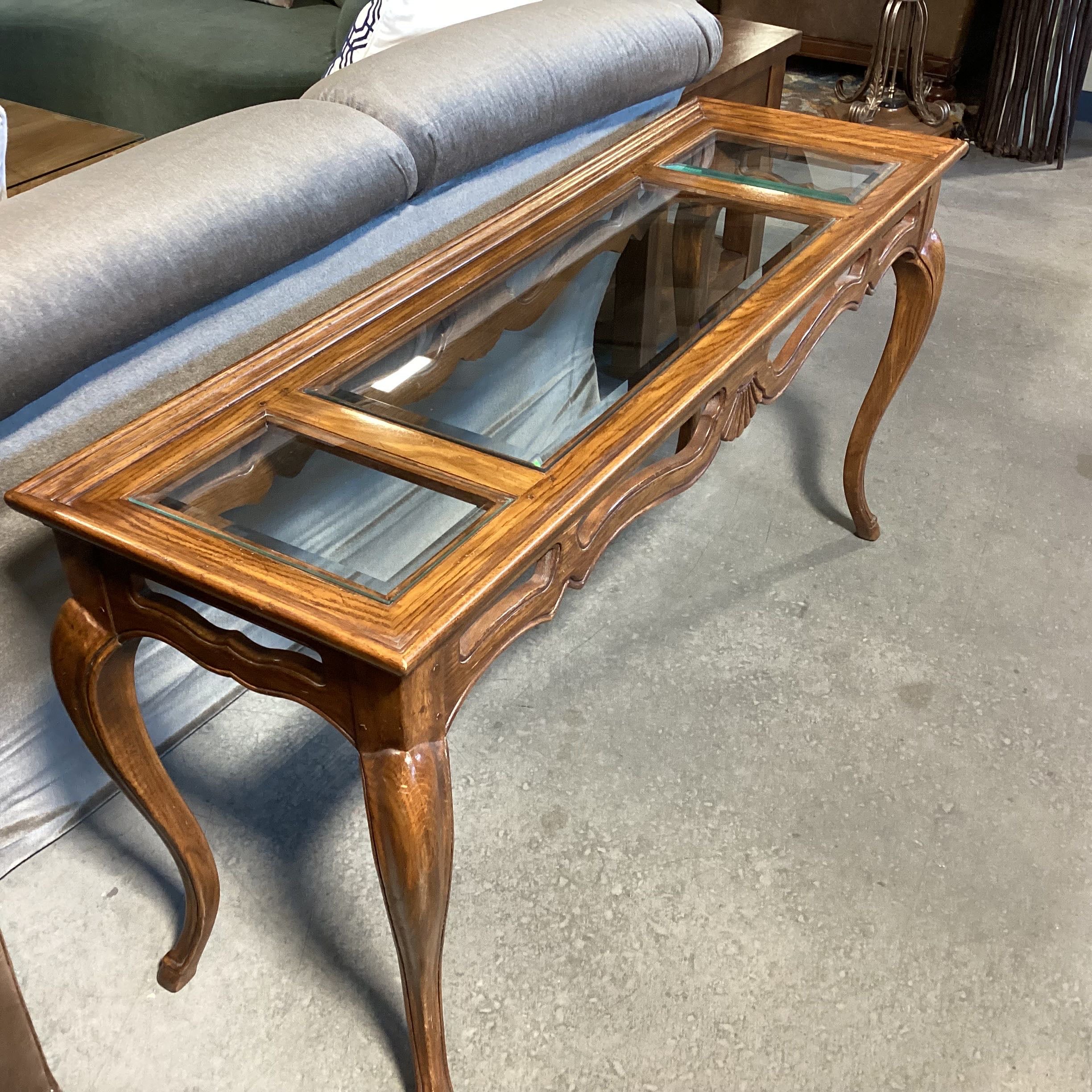 Carved Wood Glass Inset Top Sofa Table