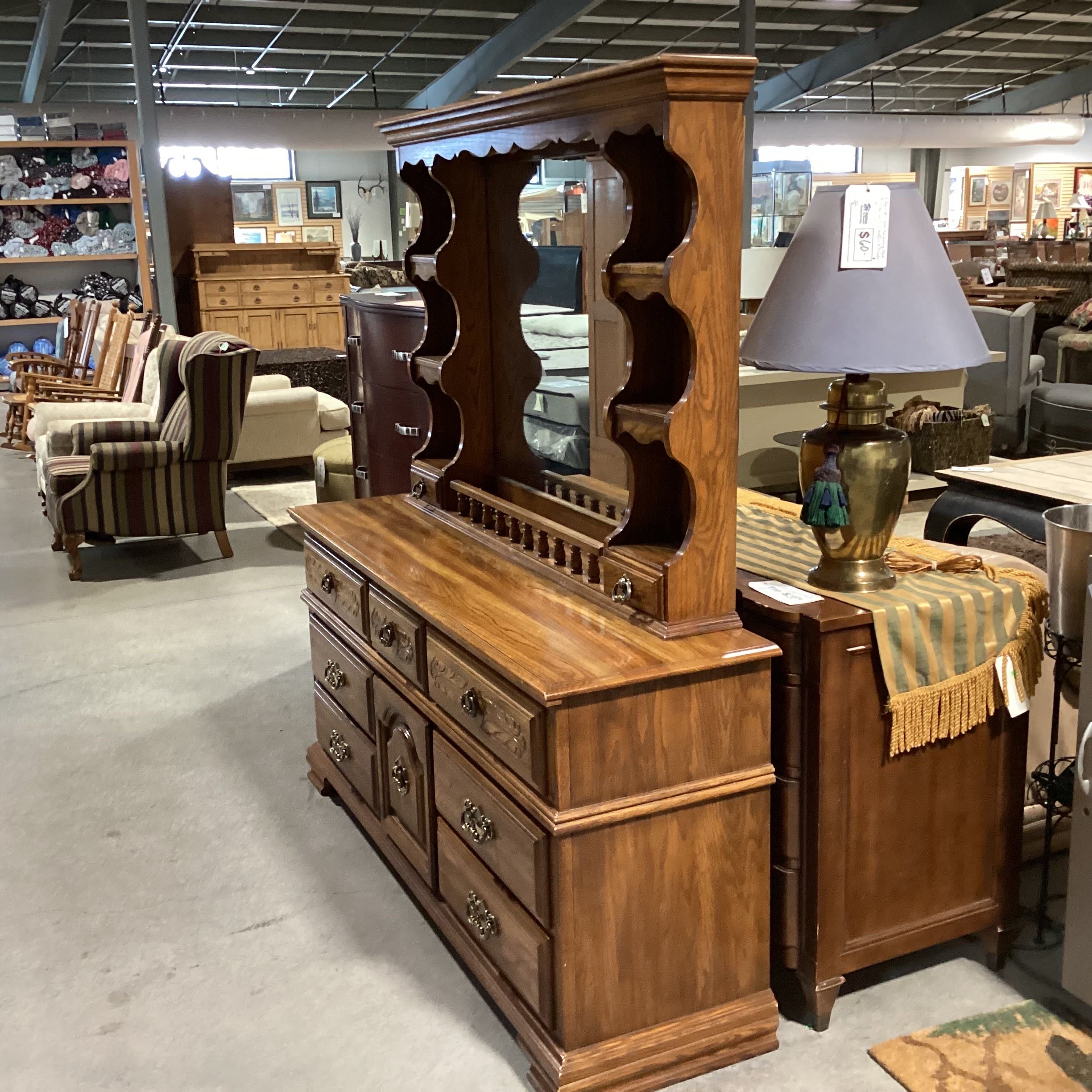 Sumter Cabinet Co. Carved & Finished Oak with Mirror Hutch 9 Drawer Dresser