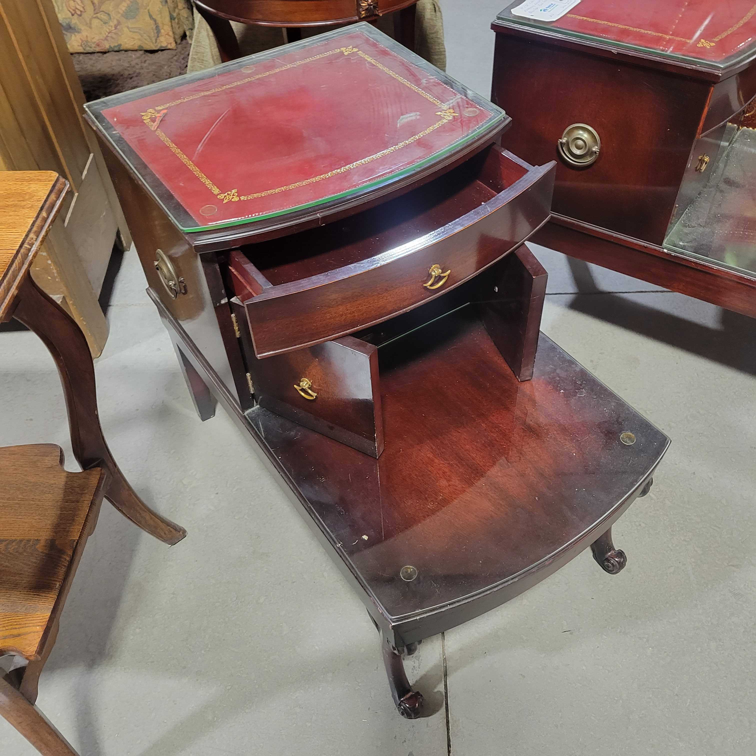 Red Leather Mahogany Finish Leather Top with Glass Top End Table