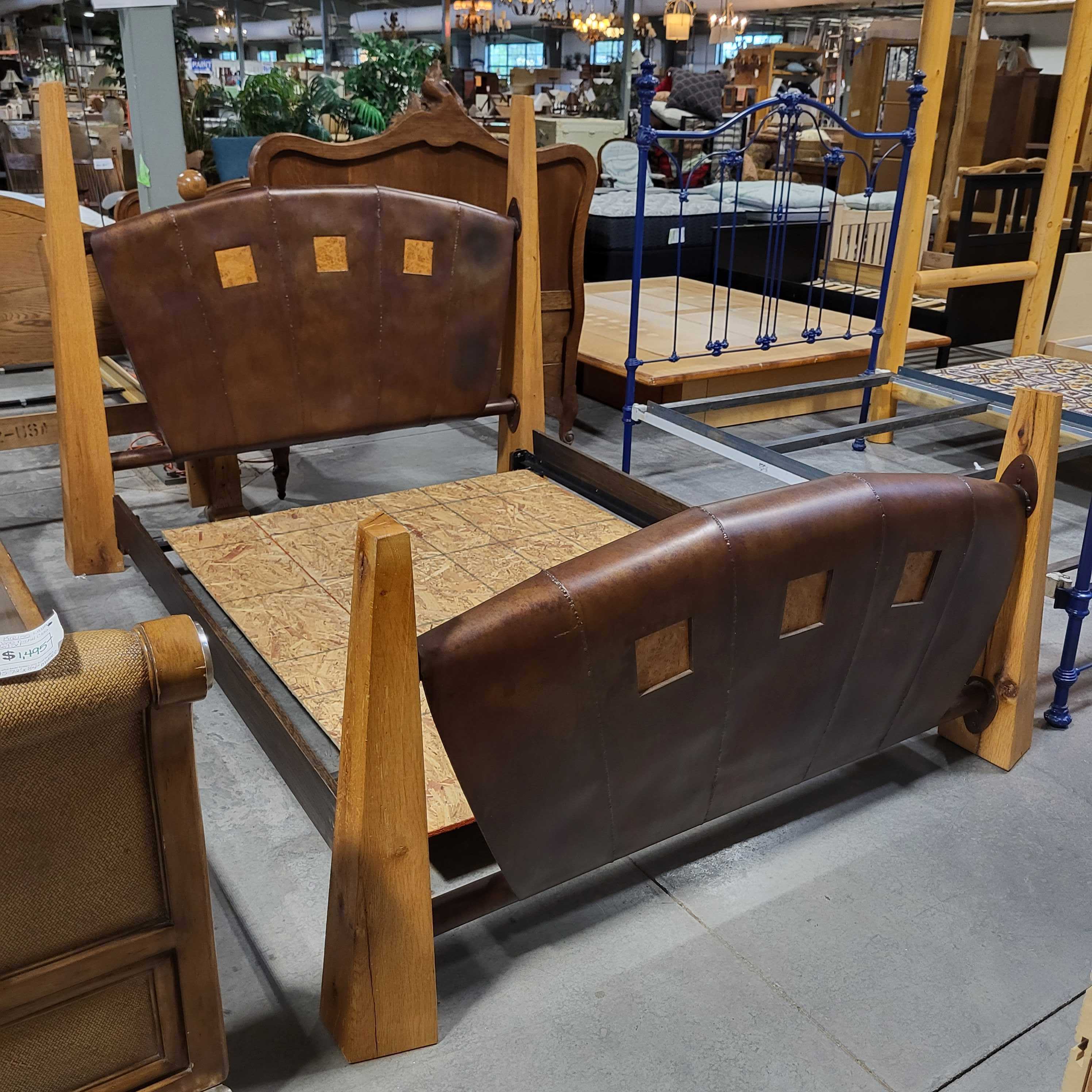Custom Mid Century Modern Wood and Rustic Metal Queen Bed Set