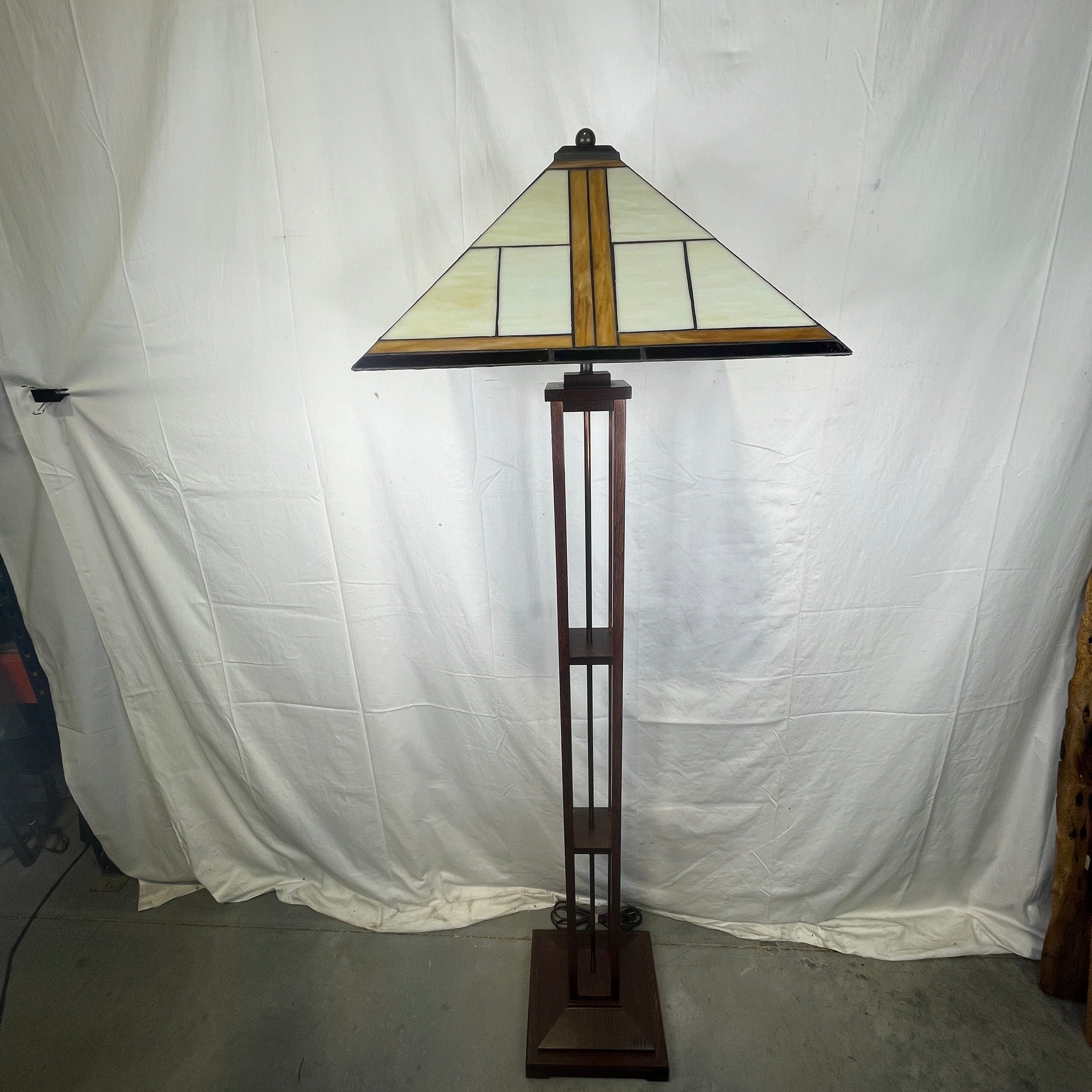 Stickley Mission Collection Wooden Square Colum Base with Art-Glass Shade Floor Lamp