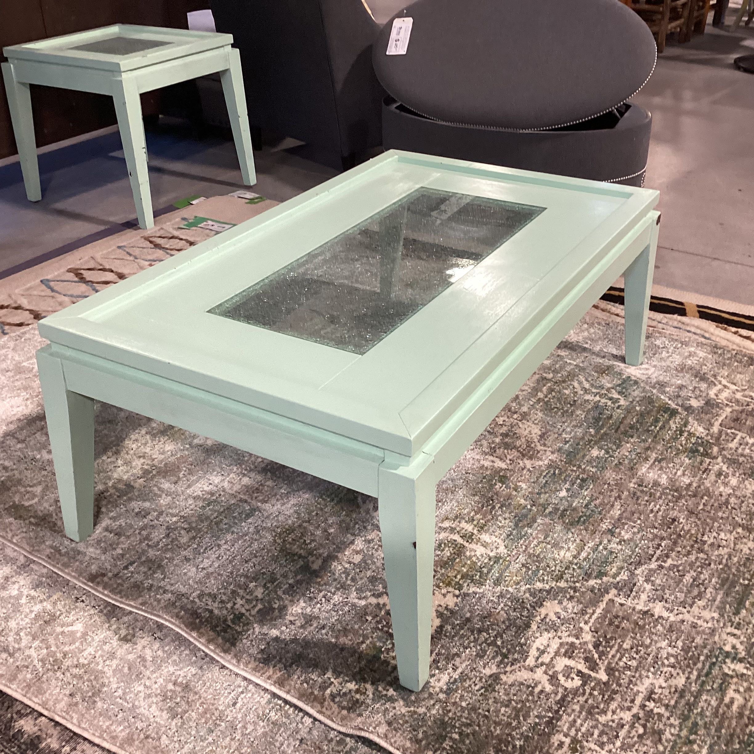 Mint Painted Wood & Crackle Glass Inset Coffee Table