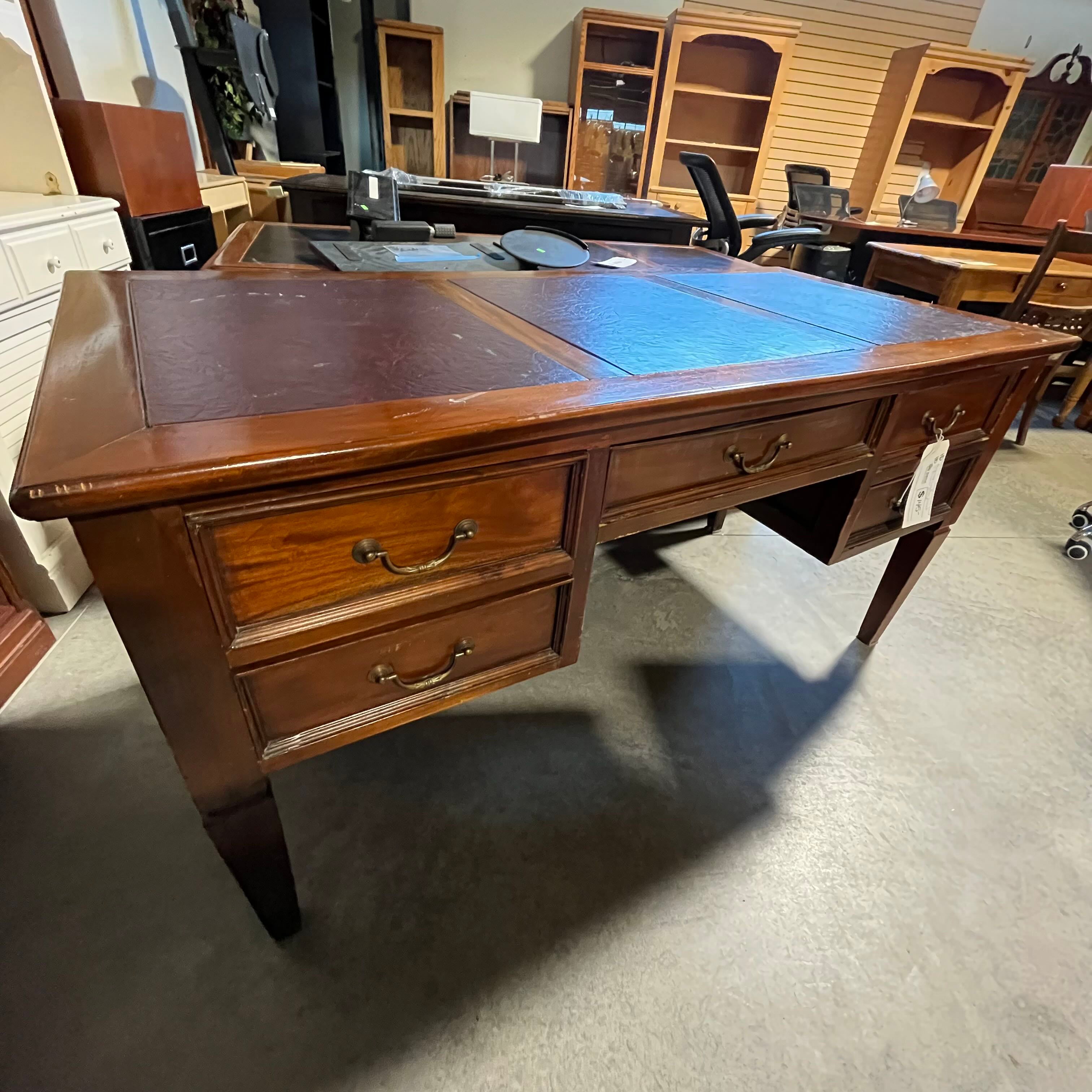 59.5"x 27"x 30" Vintage Carved Wood Burgundy Leather Inset 5 Drawer Desk