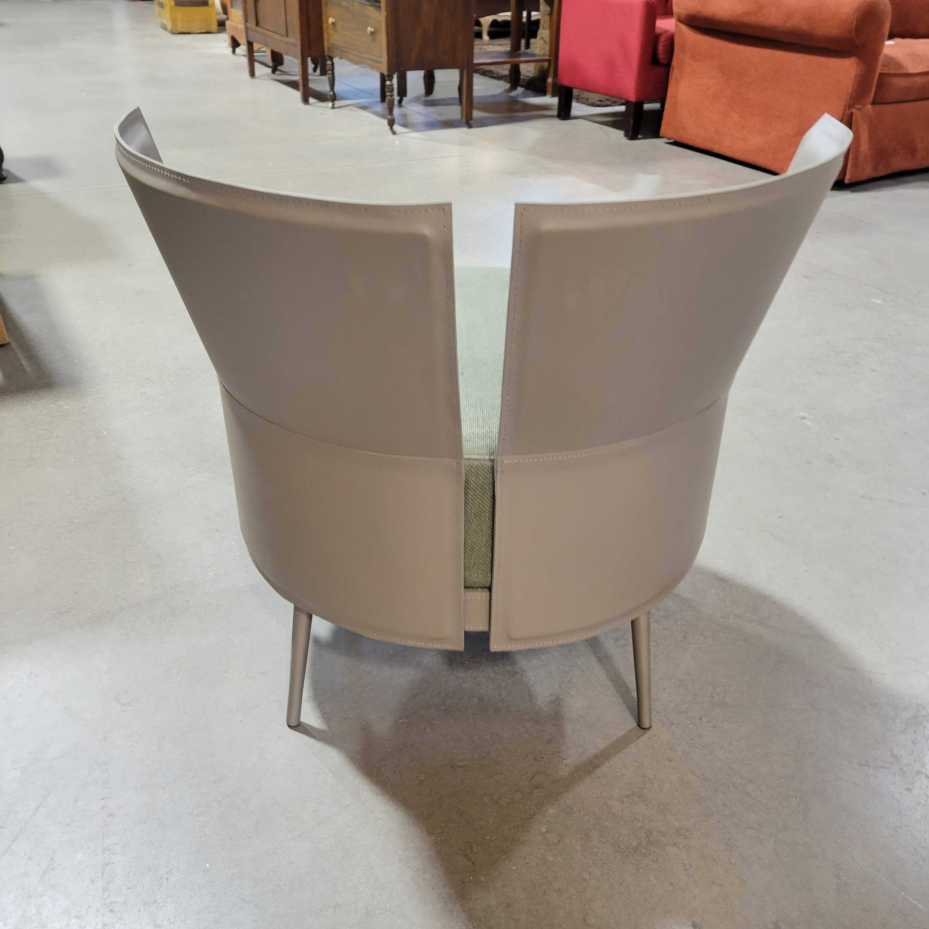 30"x 27"x 27" Custom Modern Grey Leather & Green Linen Barrel Style Swivel Chair