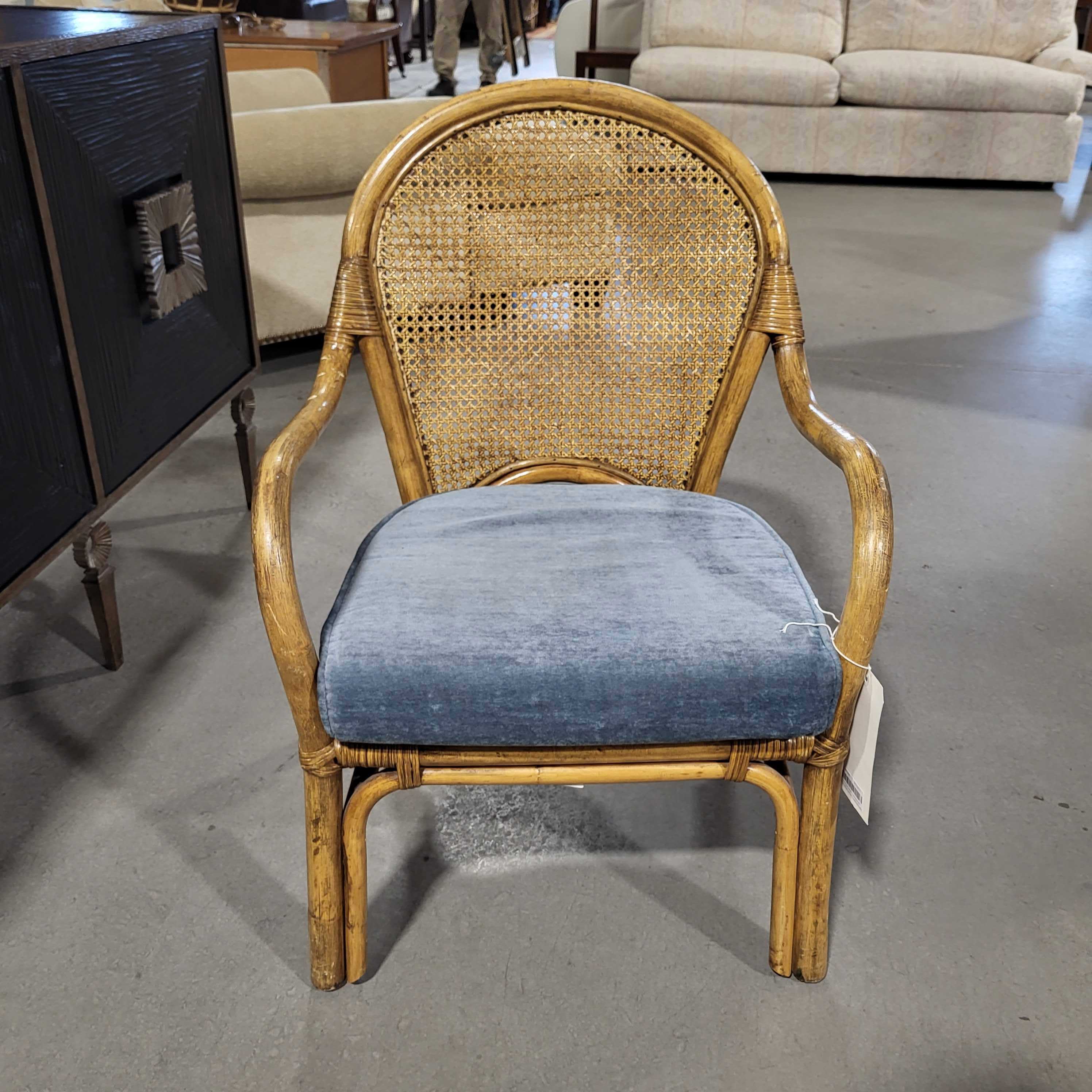 Natural Finish Cane and Wicker Blue Upholstered Cushion Arm Chair
