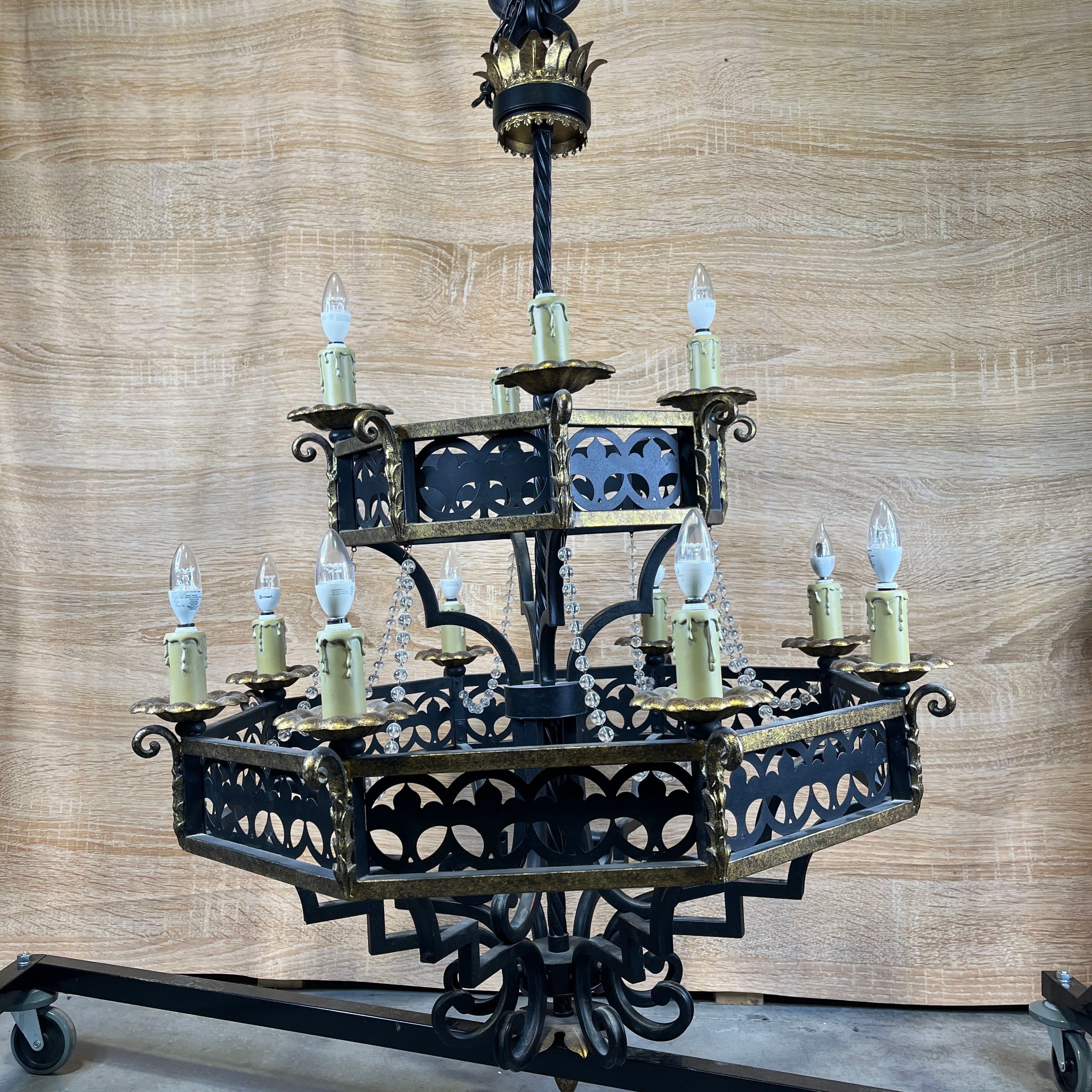 Vintage Gothic Style 12-Light 2-Tiered Iron and Gold Chandelier