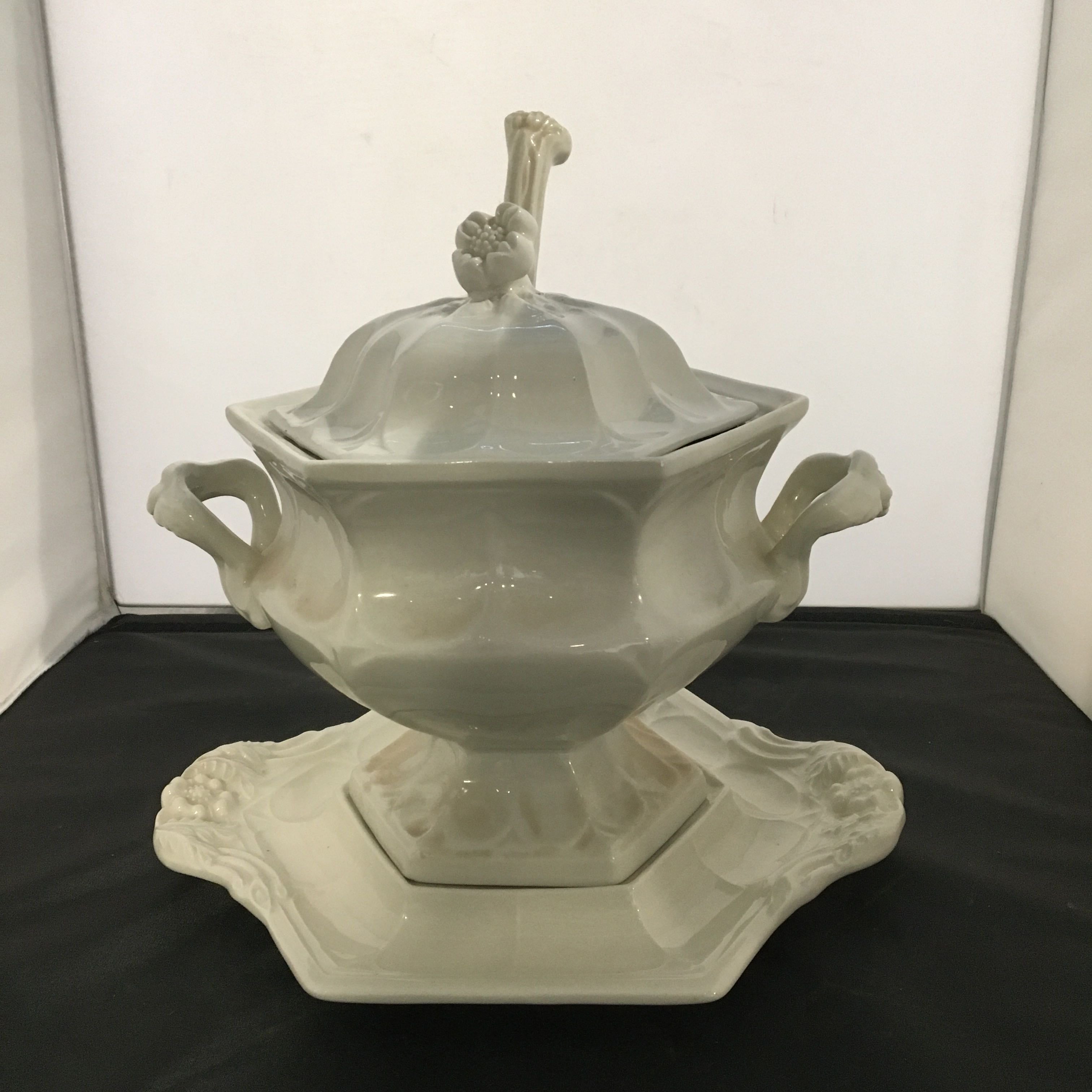 Vintage White with Ladle & Under Plate-Flower Pattern Ironstone Soup Tureen