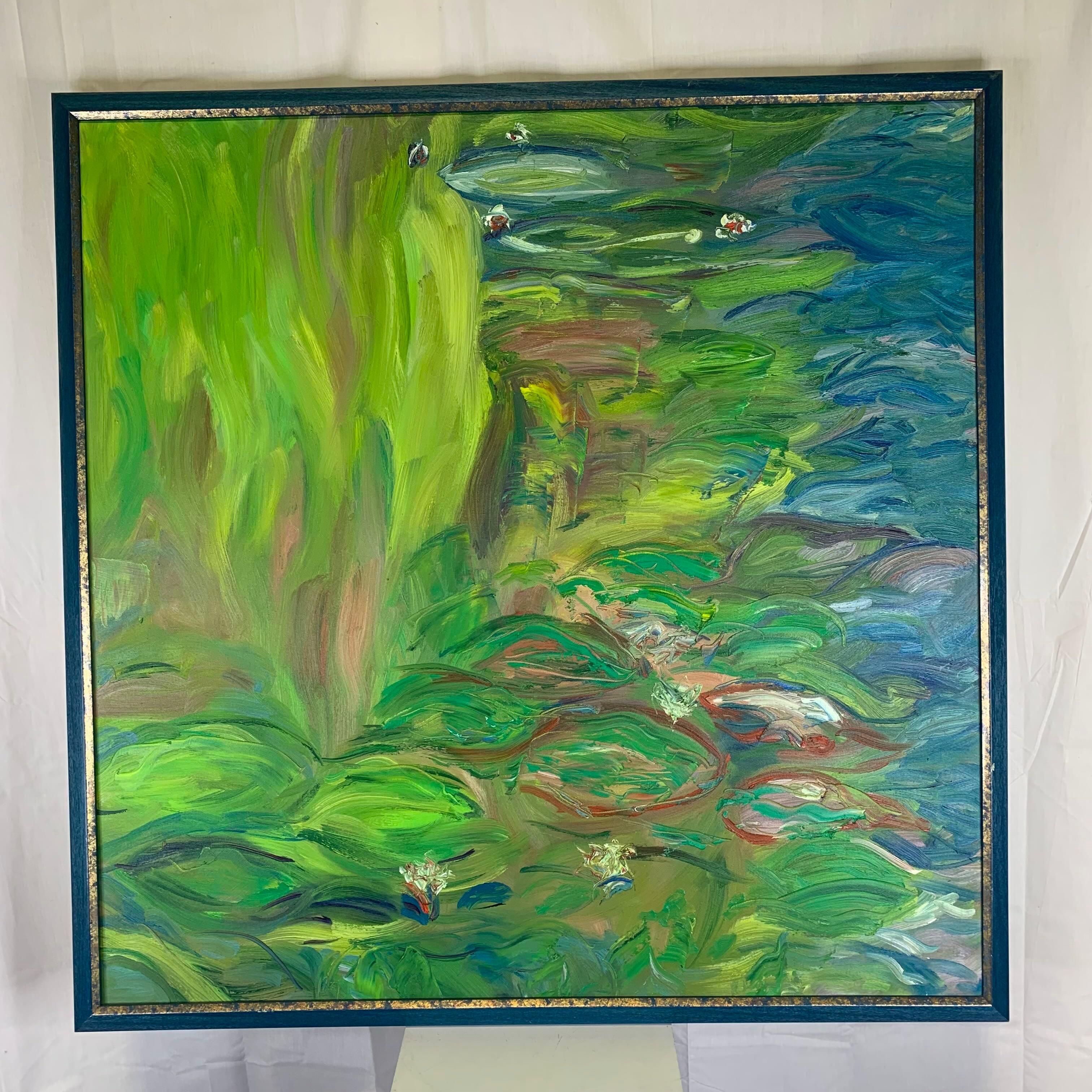 42.5"x 42.5" Lily Pond Impressionist by Unknown Artist Framed Oil on Canvas