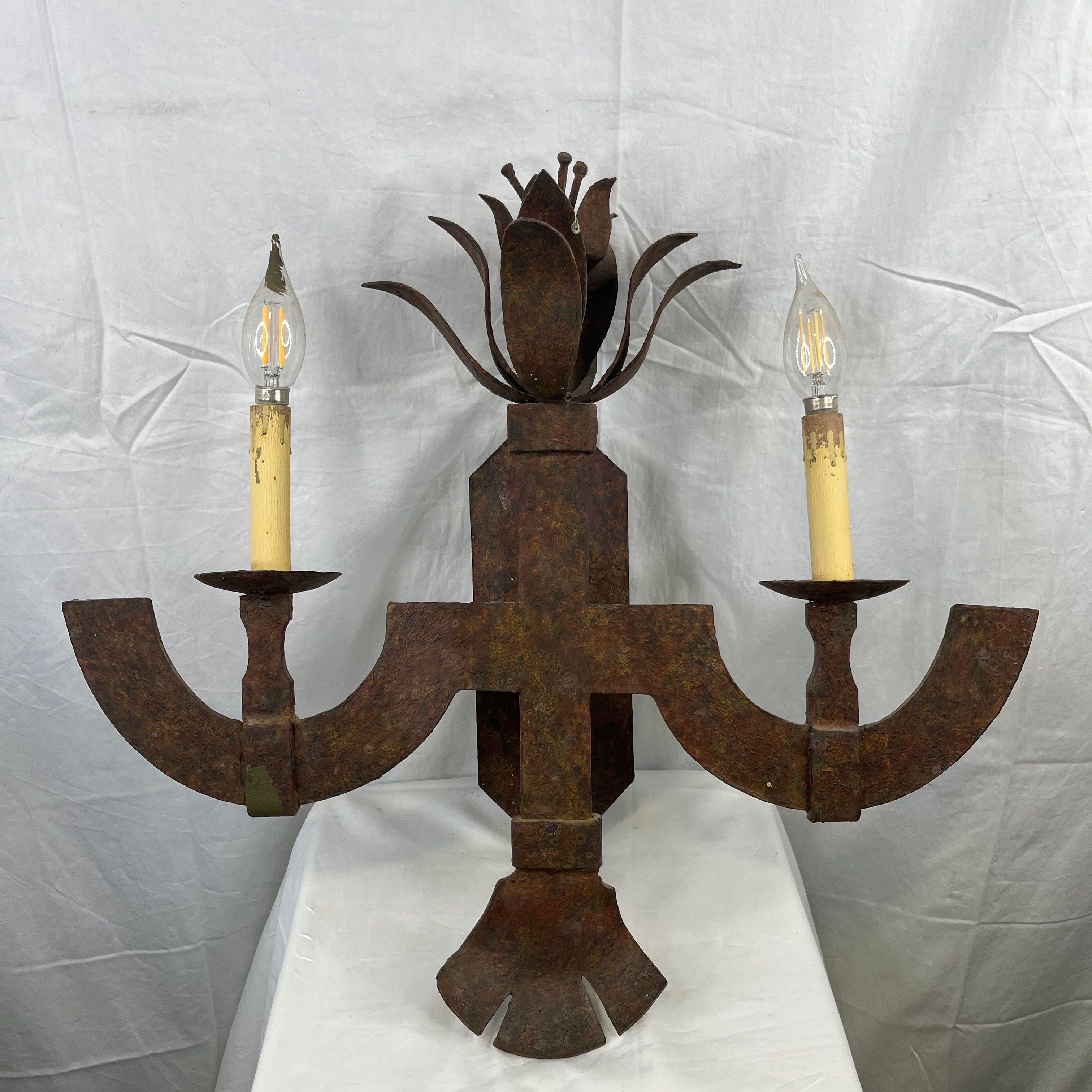 Set of 2 1960's Italian Forged Iron with Rust Painted Finish 2 Light Sconces