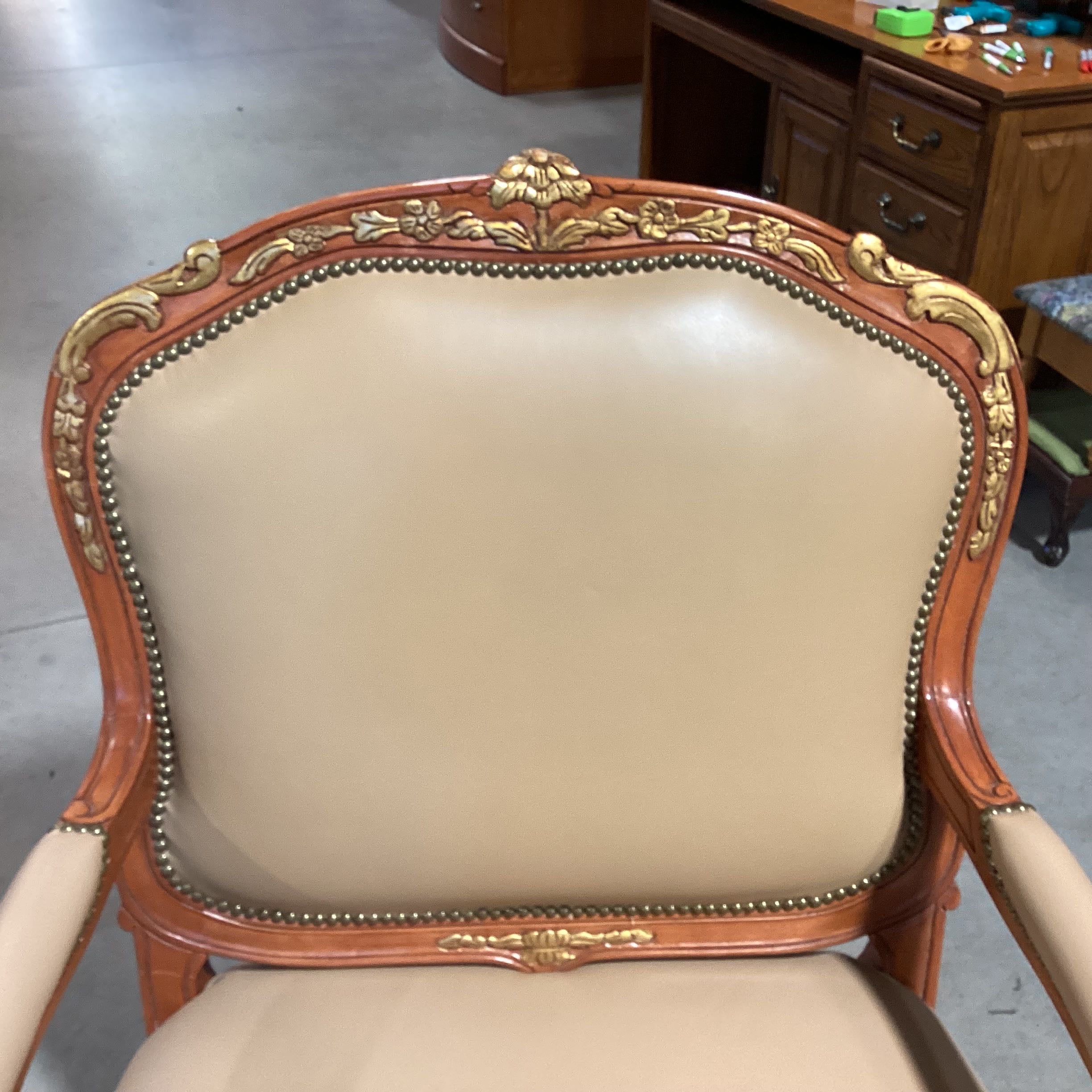 Beverly Interiors Stewart Furniture Carved Wood Gilded Detail Beige Leather Nailhead Chair