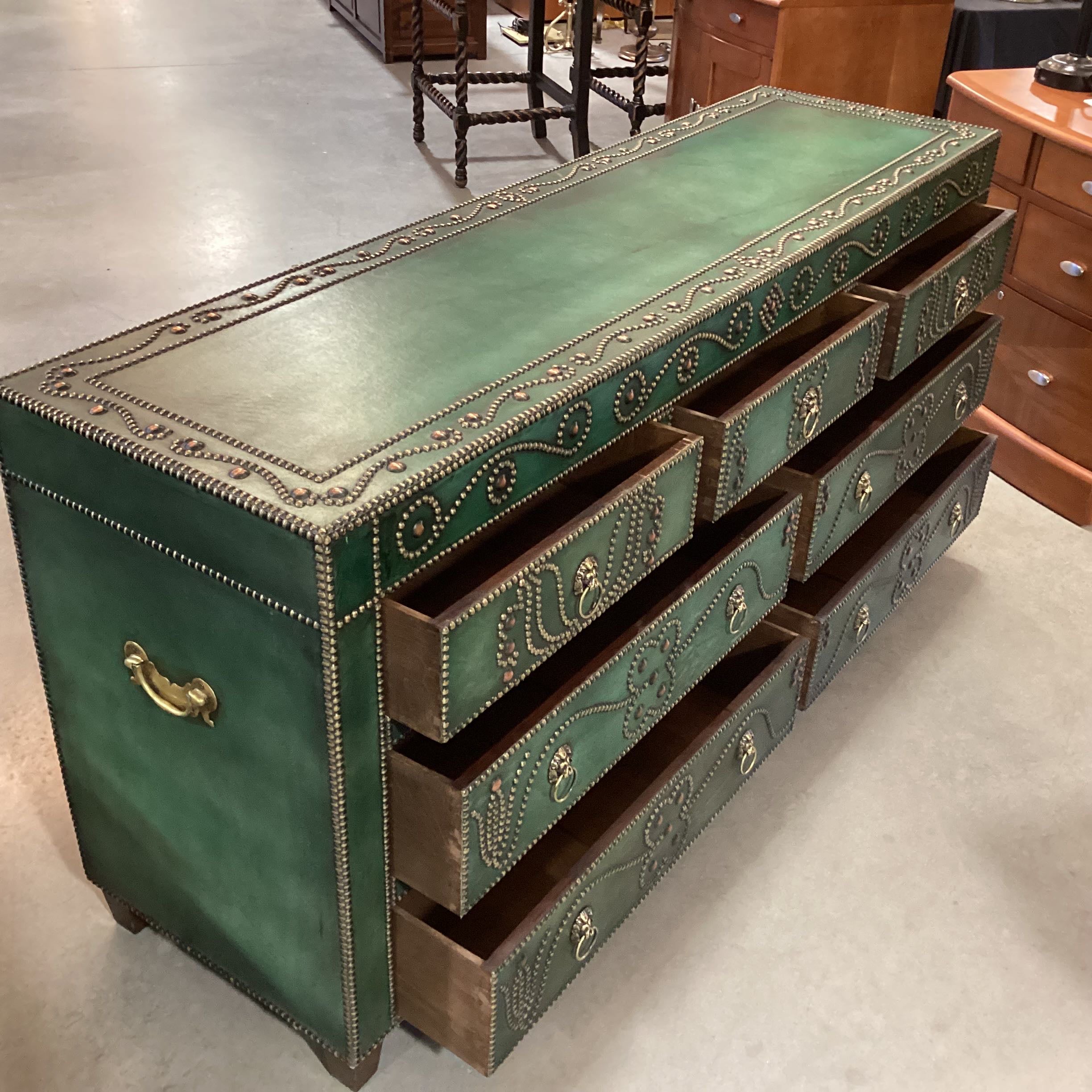 Elijah Slocum Green Leather Ornate Nailhead 7 Drawer Dresser