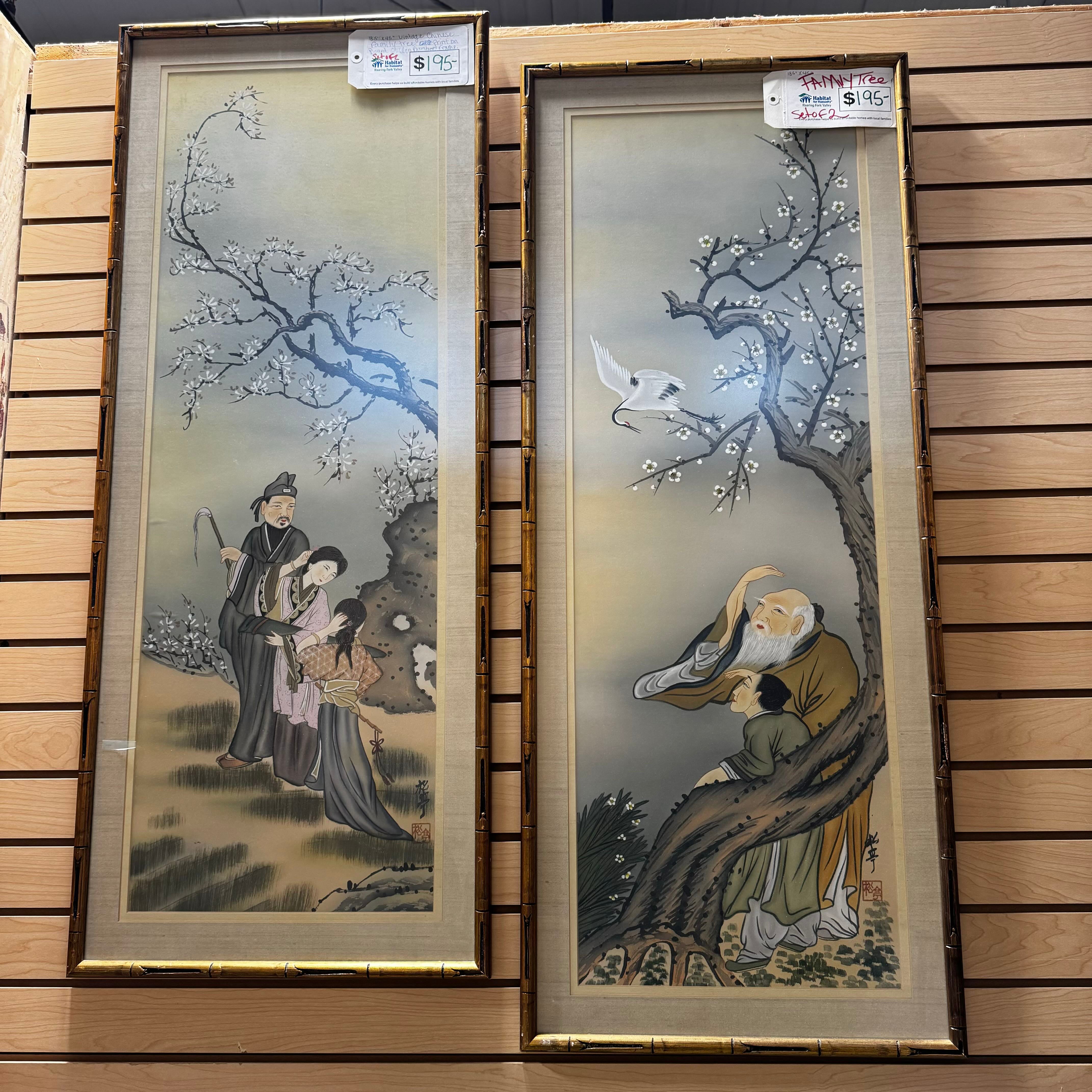 Set of 2 Vintage Chinese Family Tree Print On Board Golden Bamboo Frame Wall Art