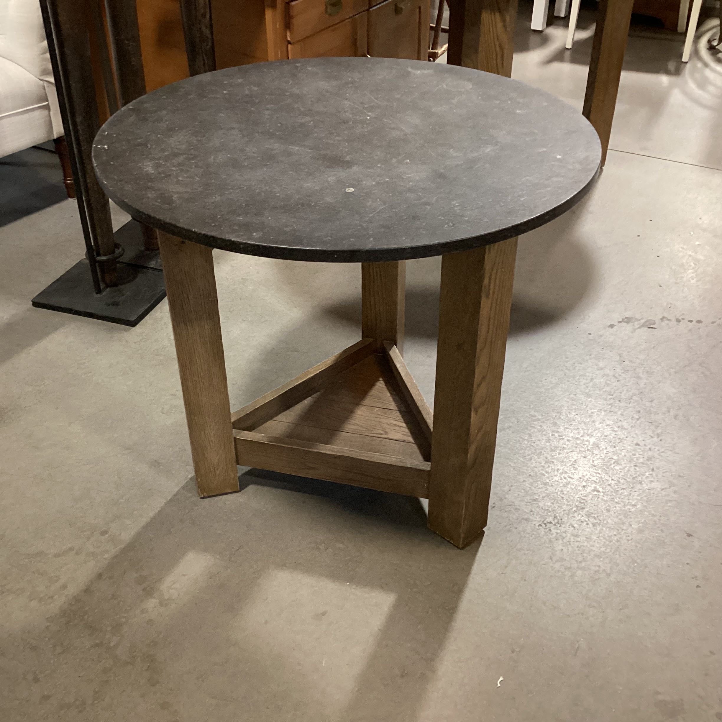 Custom Wood Tri Leg with Shelf Black Round Stone Accent Table