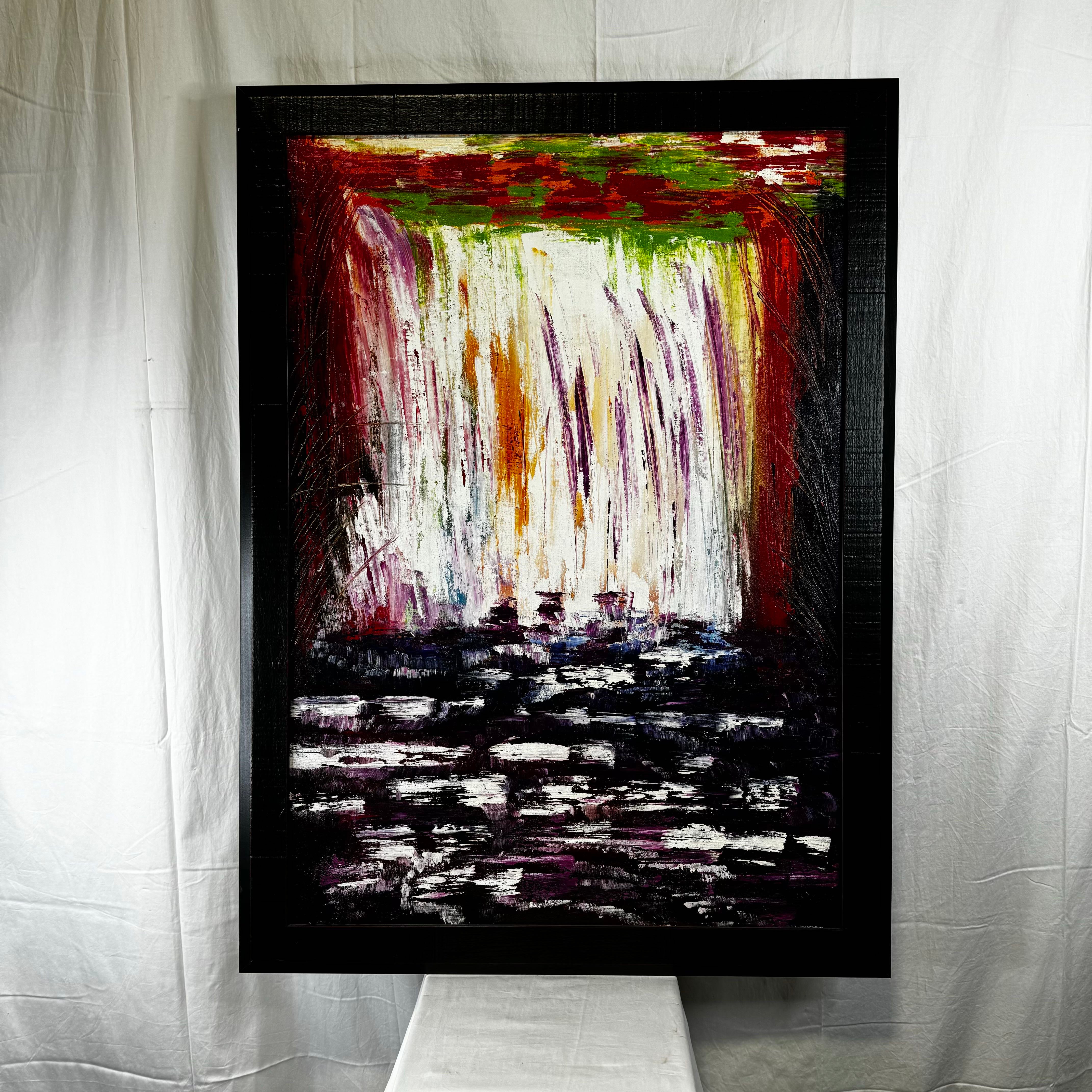 Abstract Rain Fall Acrylic on Canvas Red and Black Wood Frame Wall Art