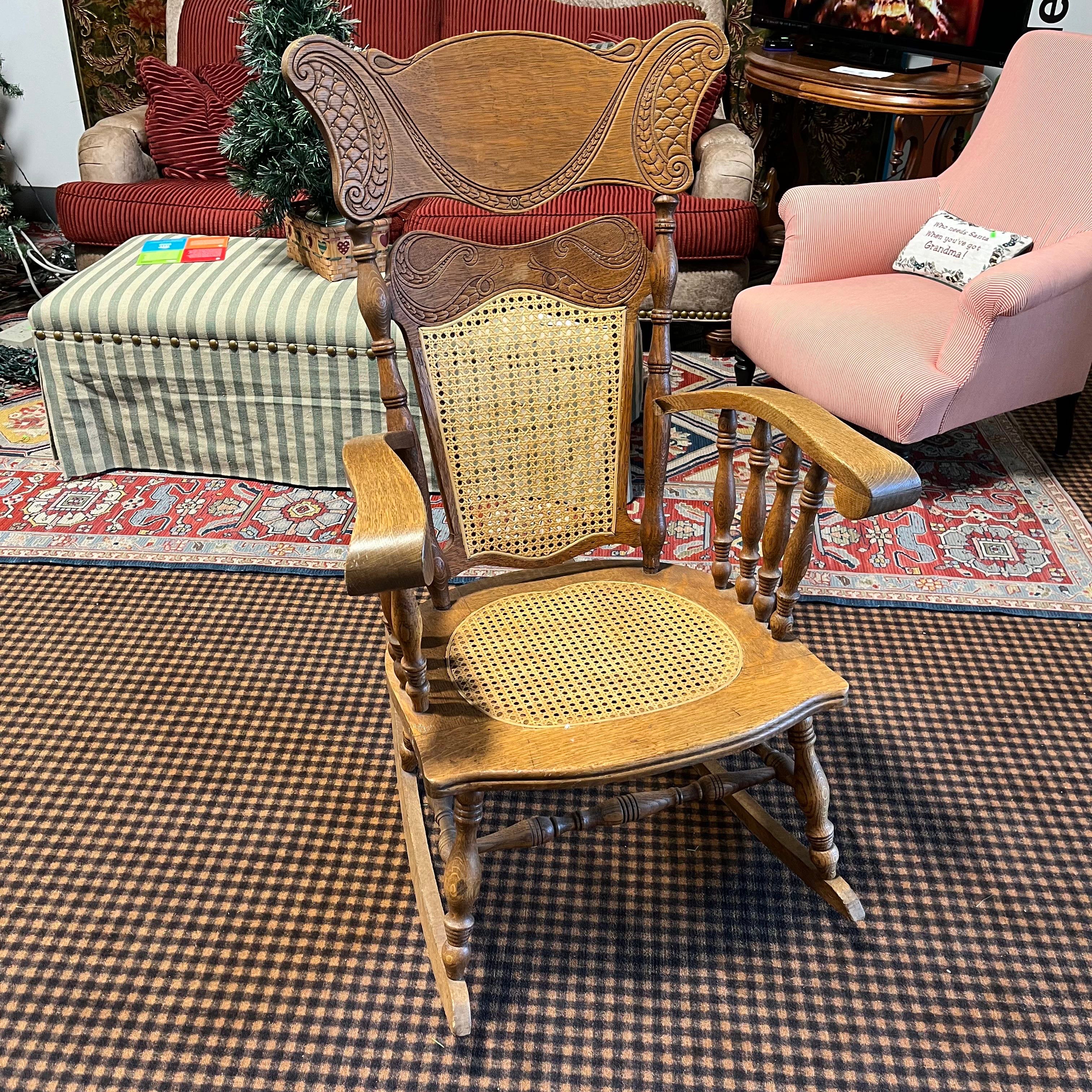 Carved Wood Caned Back Seat Rocking Chair