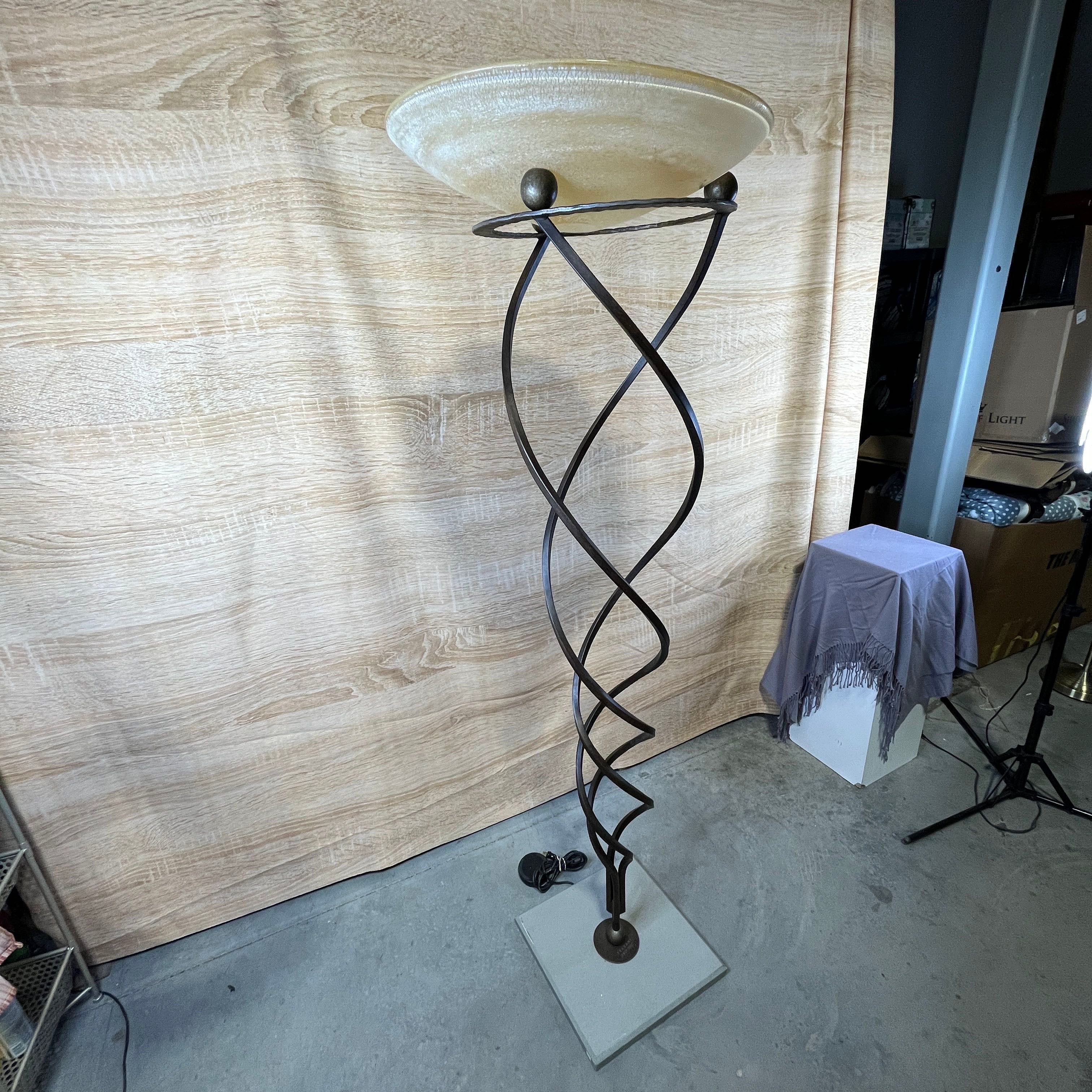 Antinea Torchere Forged Iron, Stone, and Murano Glass Shade Floor Lamp